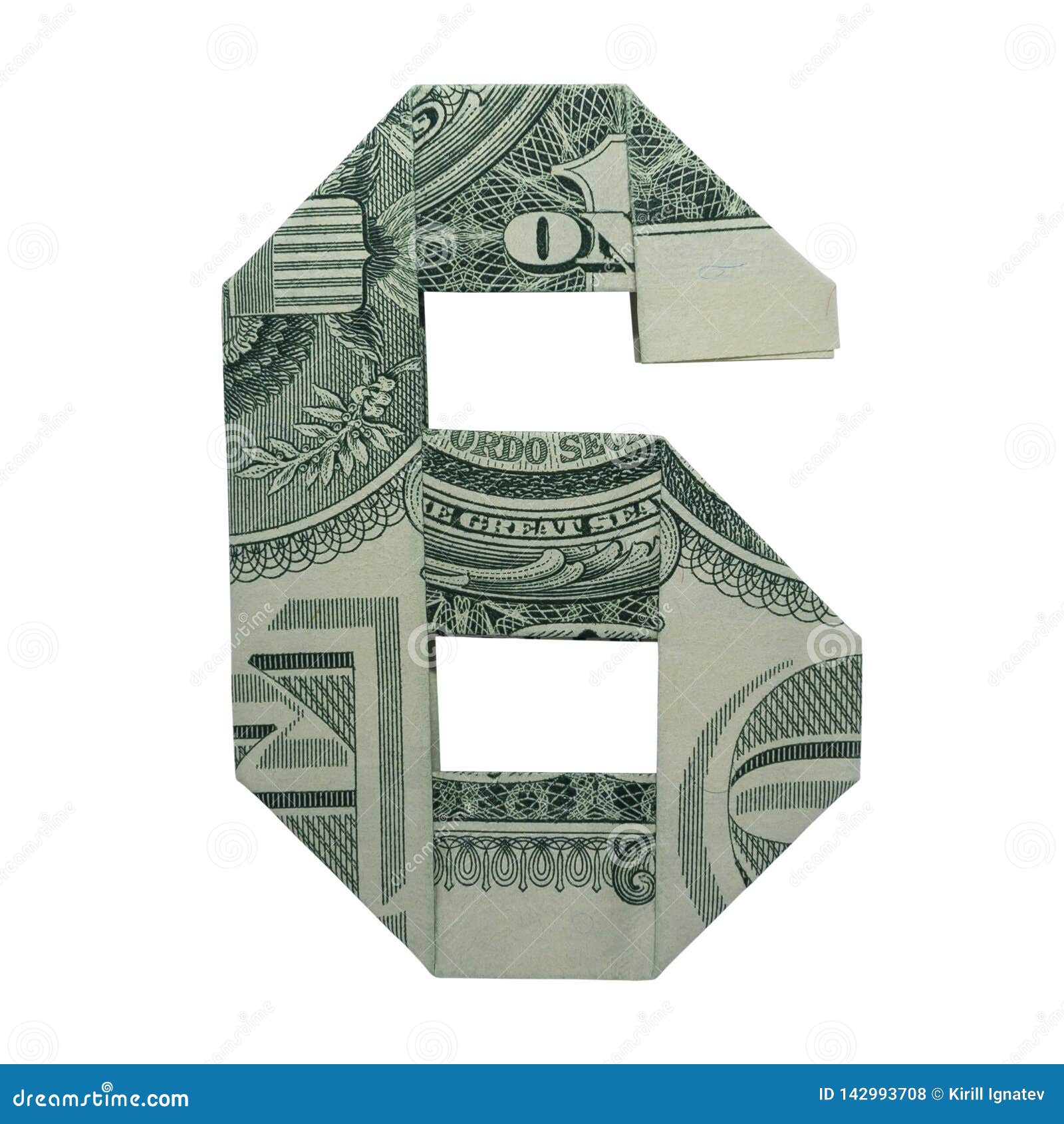 Money Origami DIGIT 6 Number Real One Dollar Bill Isolated On White