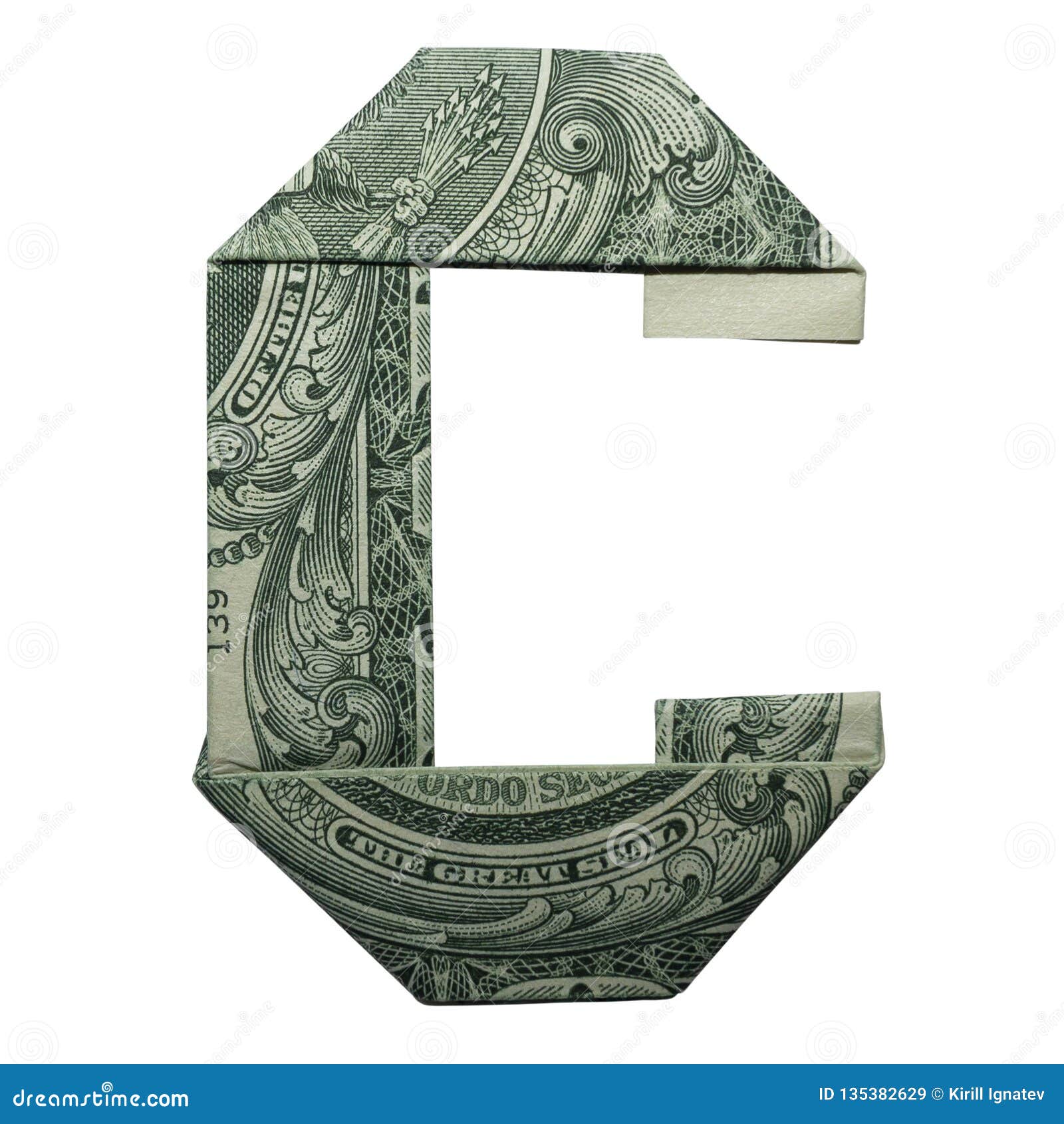 Money Origami LETTER N Folded With Real One Dollar Bill Isolated On