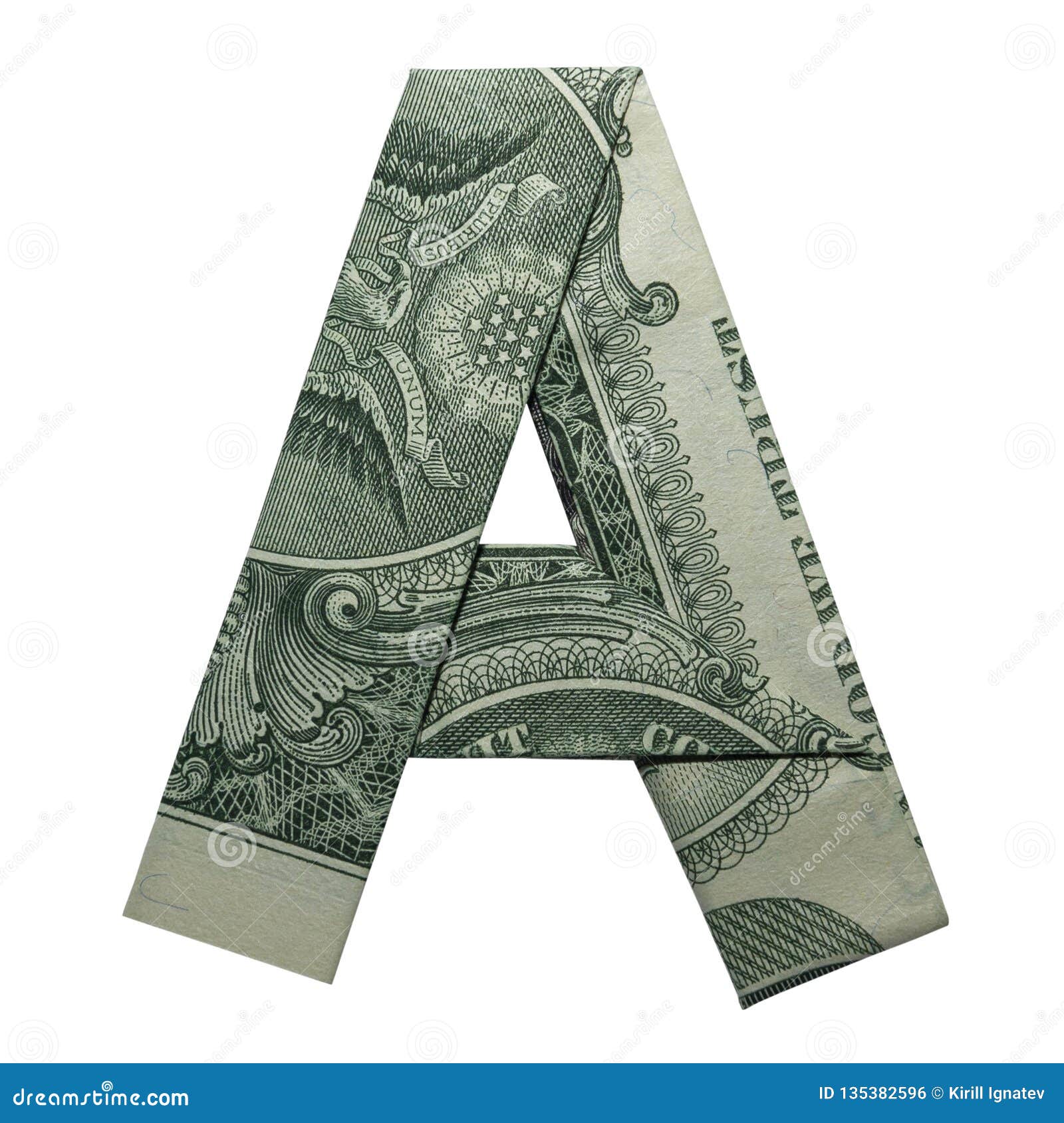 money origami letter a character folded with real one dollar bill  on white