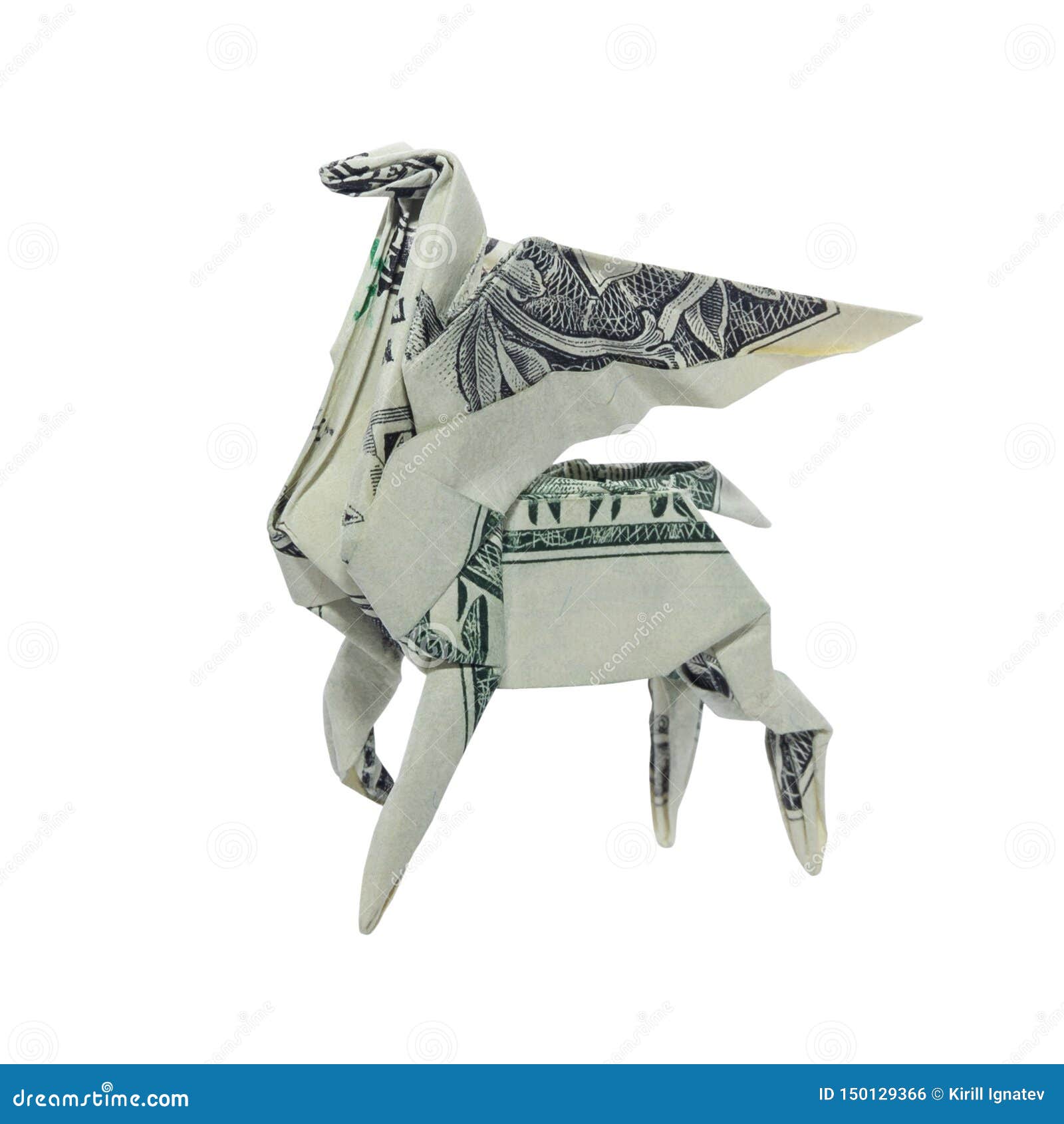 Money Origami Pegasus Folded With Real One Dollar Bill Isolated On