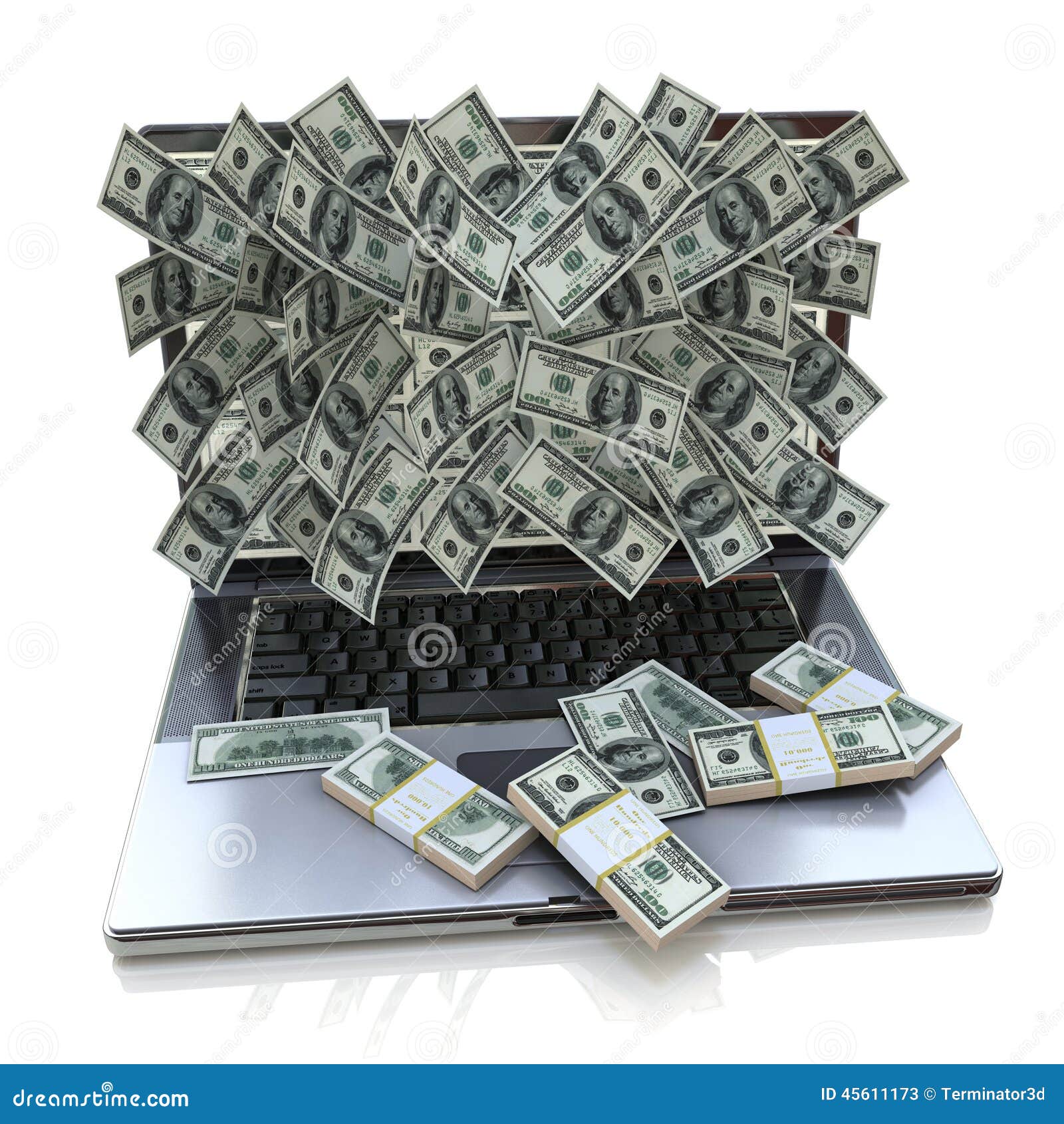 Money pouring out from laptop in the design of the information related to online earnings