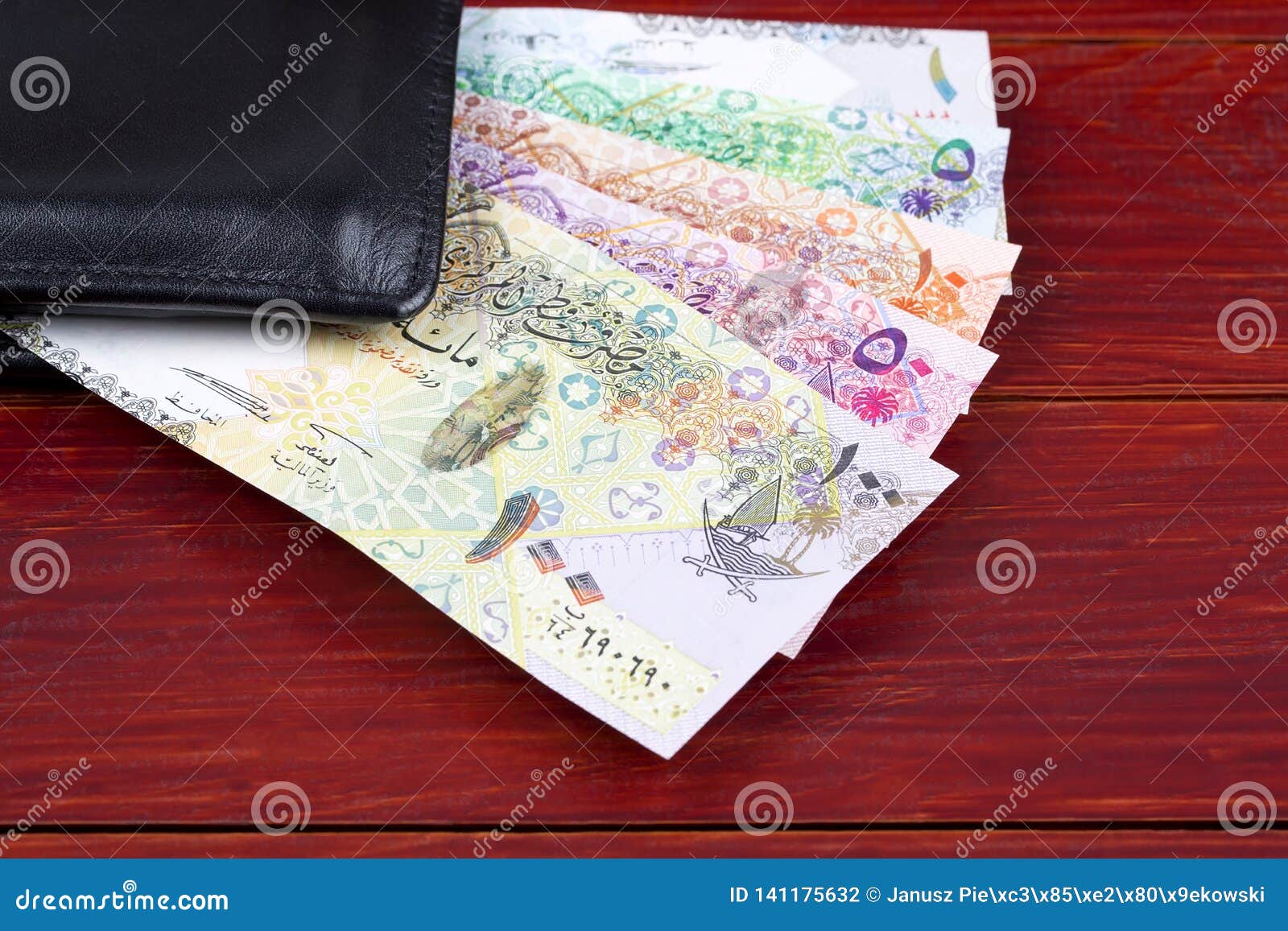 Money from Qatar in the Black Wallet Stock Photo Image of financial