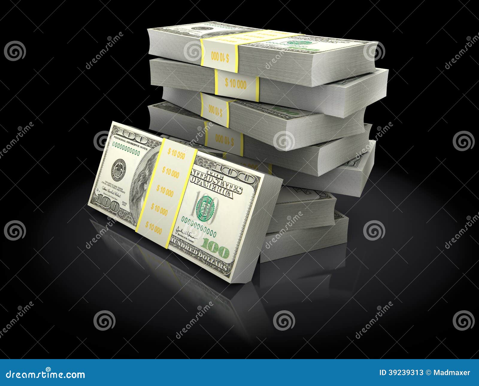 3d illustration of money stack over black background