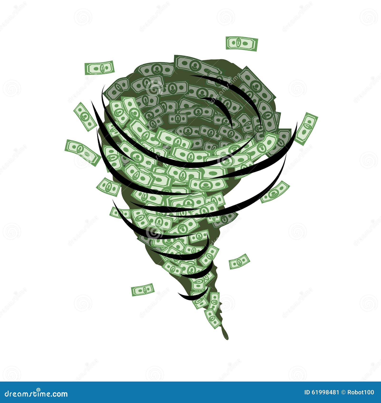 Money tornado. Whirlwind of dollars. Hurricane cash. Destructive funnel wind picks up and blows money. Financial whirlwind.