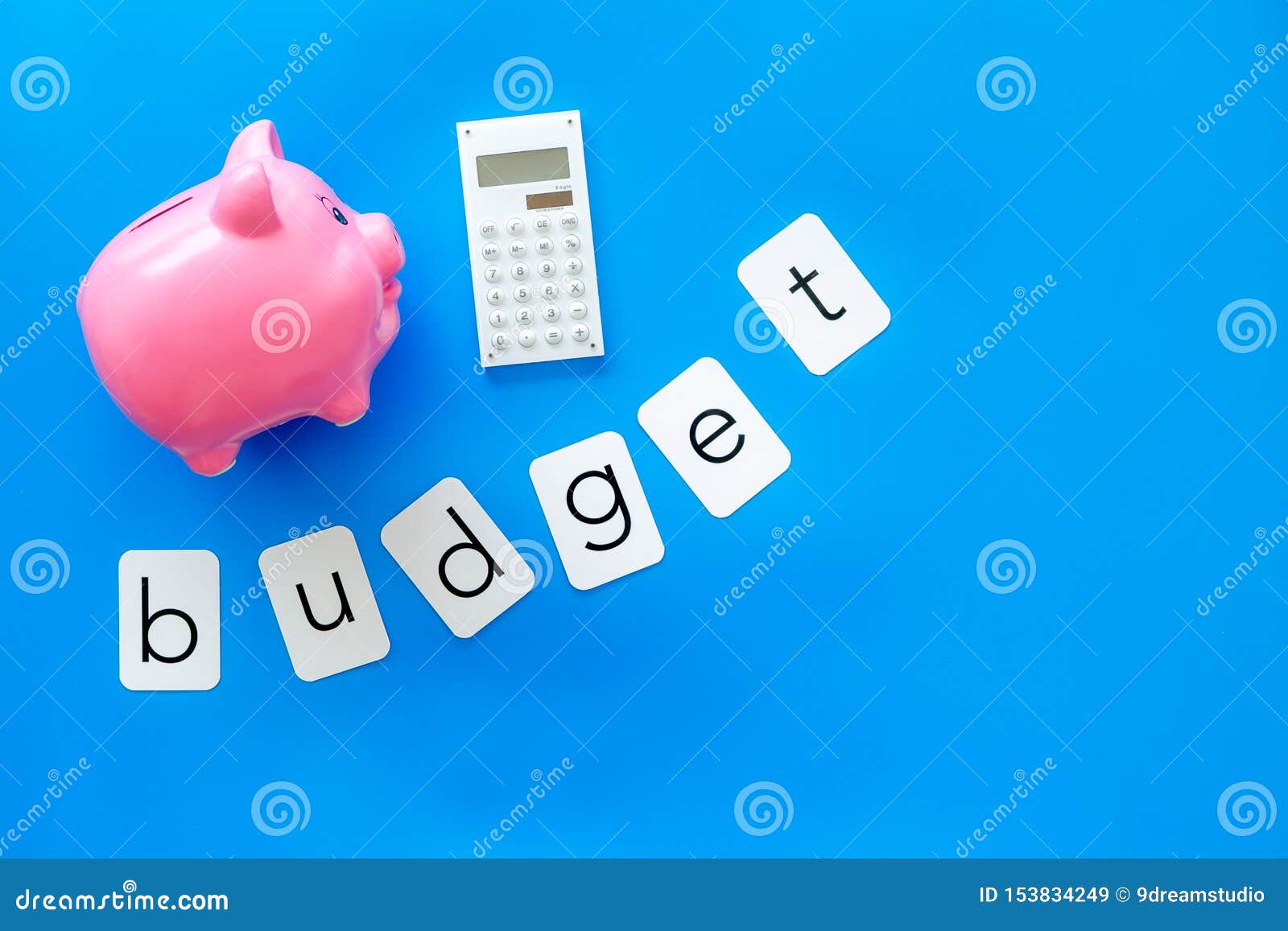 Download Moneybox In Shape Of Pig Word Budget And Calculator On Blue Background Top View Mockup Stock Image Image Of Business Account 153834249