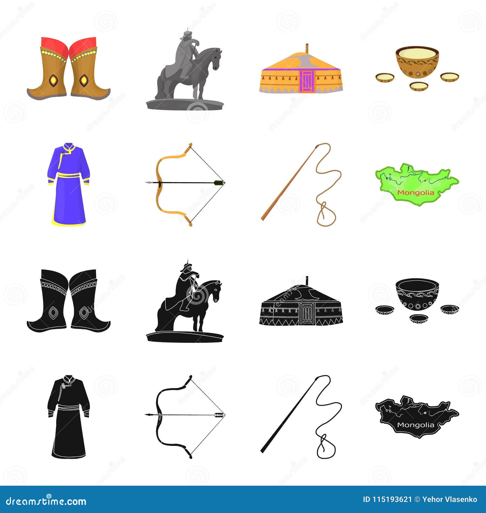 .mongol dressing gown, battle bow, theria on the map, urga, khlyst. mongolia set collection icons in black,cartoon style