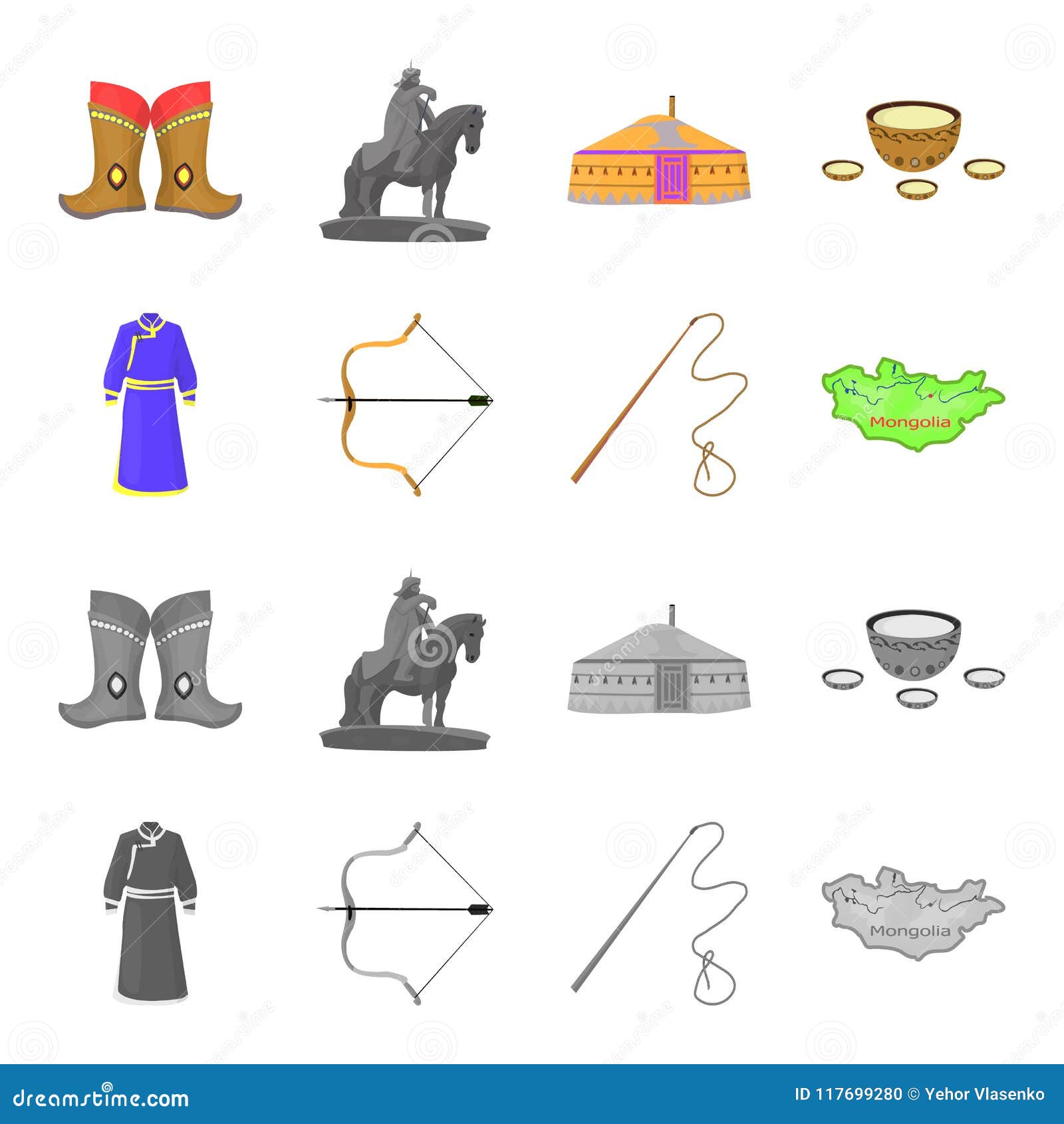 .mongol dressing gown, battle bow, theria on the map, urga, khlyst. mongolia set collection icons in cartoon,monochrome