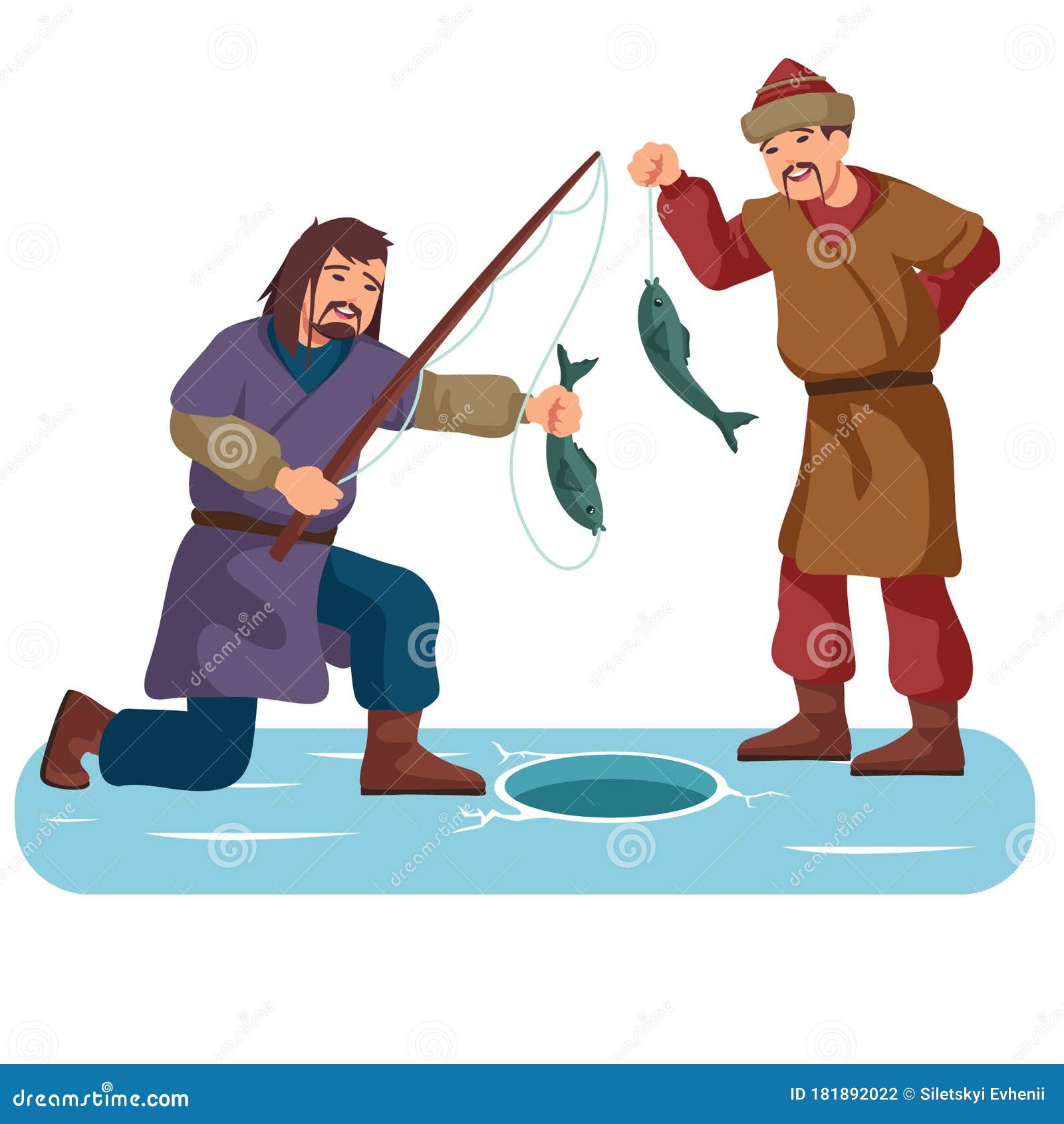 Two Men are Ice Fishing, Mongolian Medieval Men Stock Vector ...