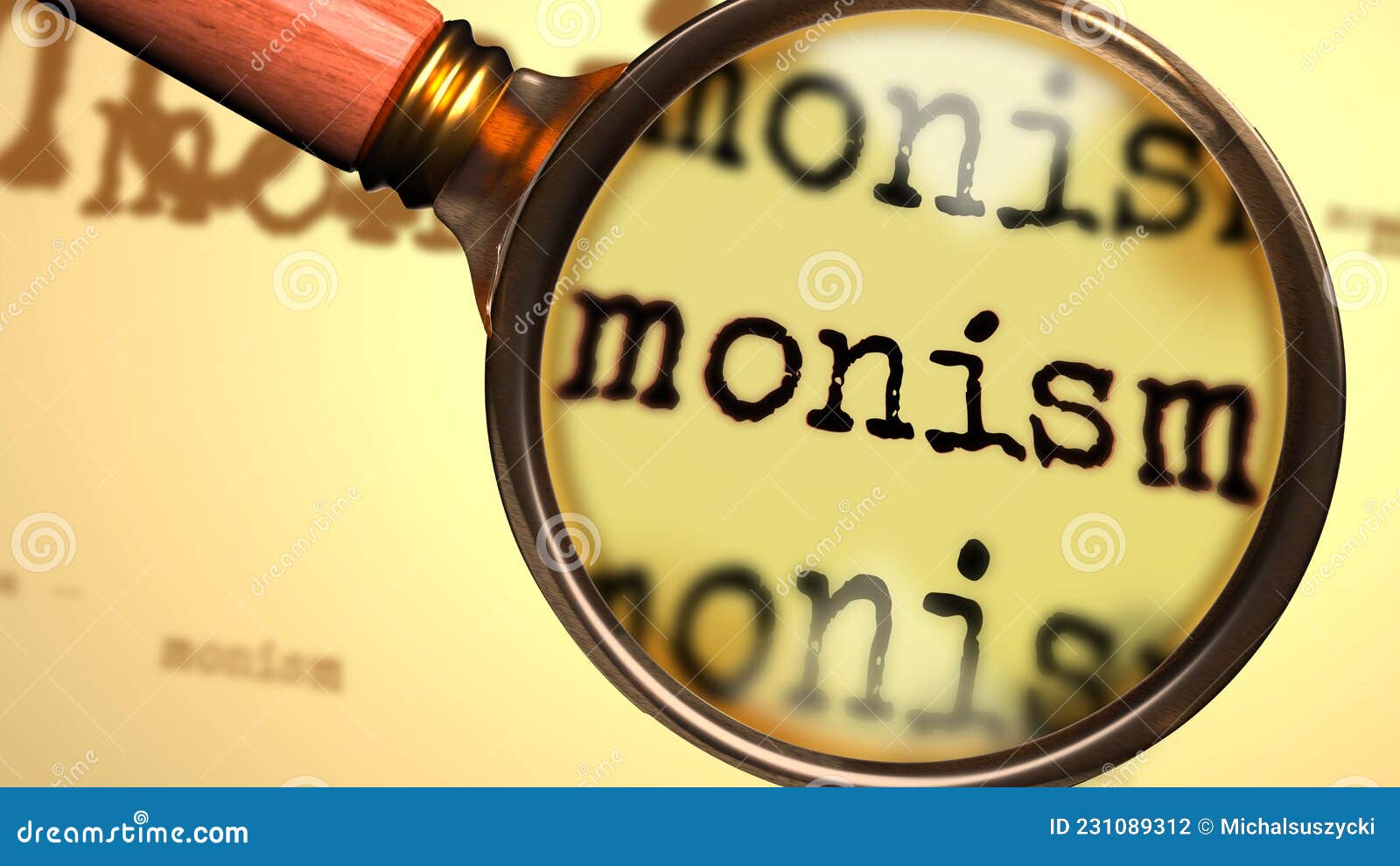 monism and a magnifying glass on english word monism to ize studying, examining or searching for an explanation and answers