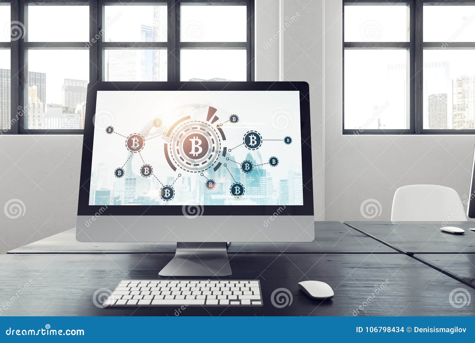 Monitor Blanco En La Tabla Negra, Icono Del Bitcoin Stock de