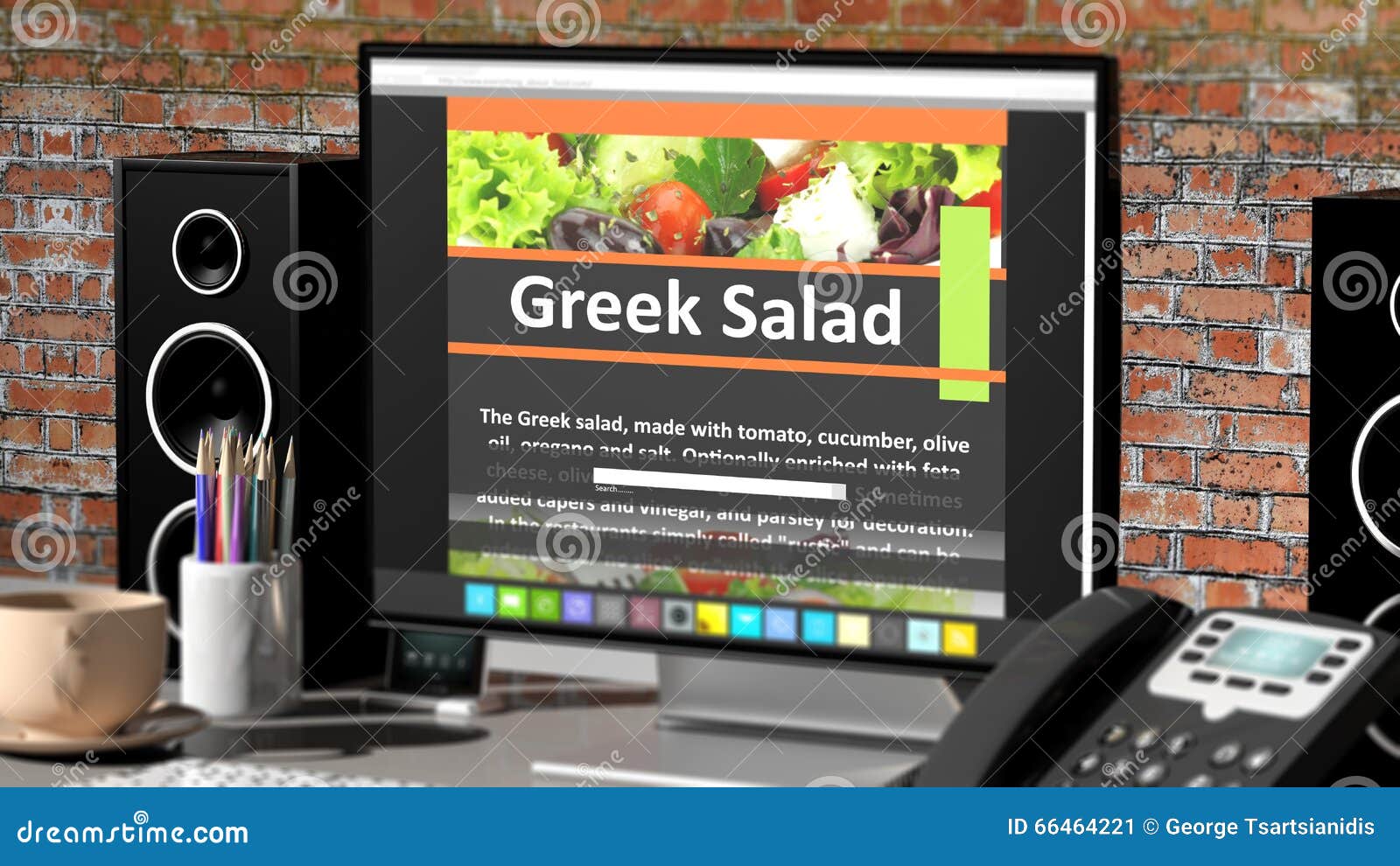 Monitor with Greek Salad Recipe on Desktop Stock Illustration