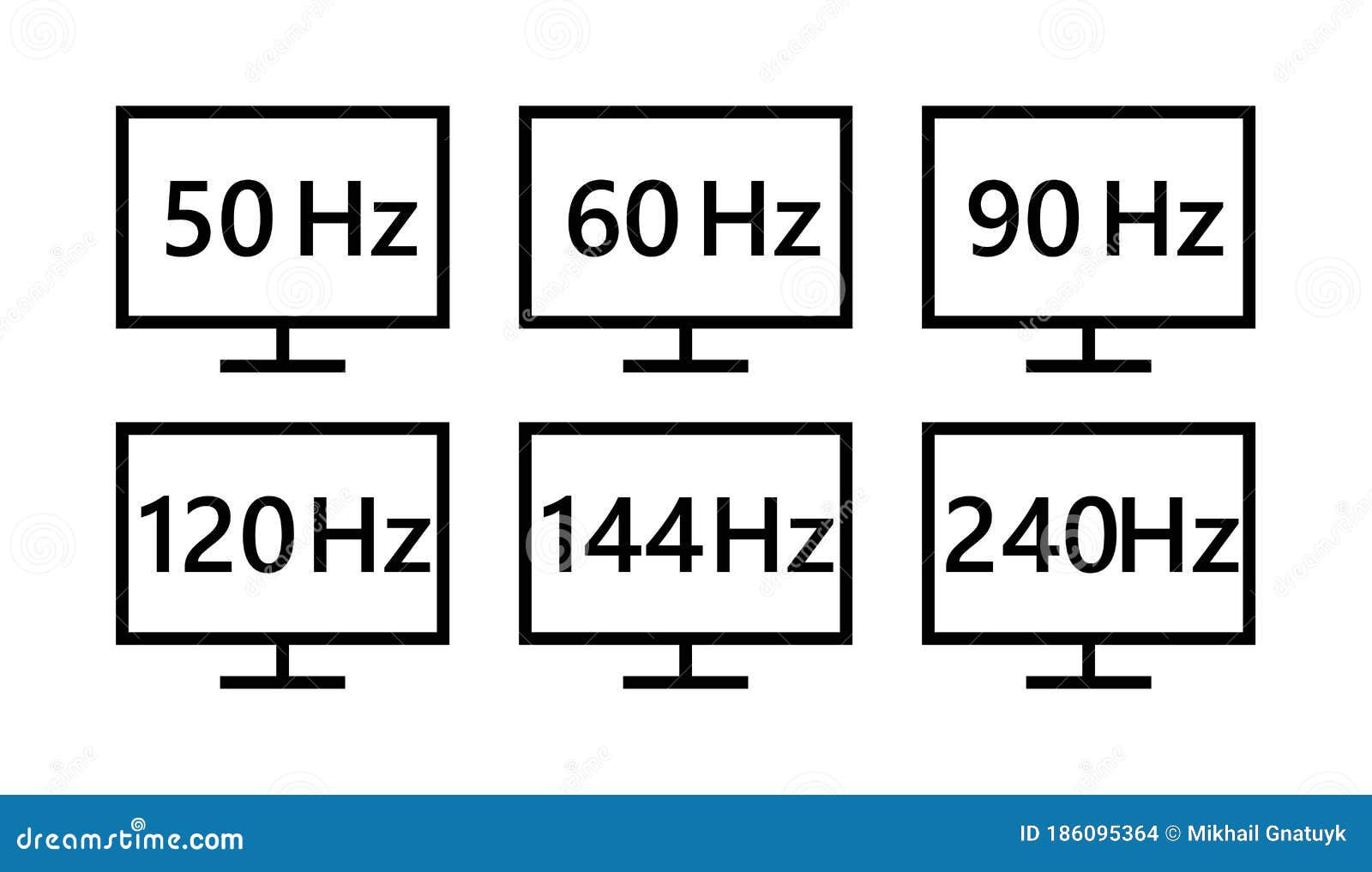 monitor refresh rate icons. 50, 60, 90, 120, 144, 240 hz, screen icon  . refresh rate icon. derived unit of