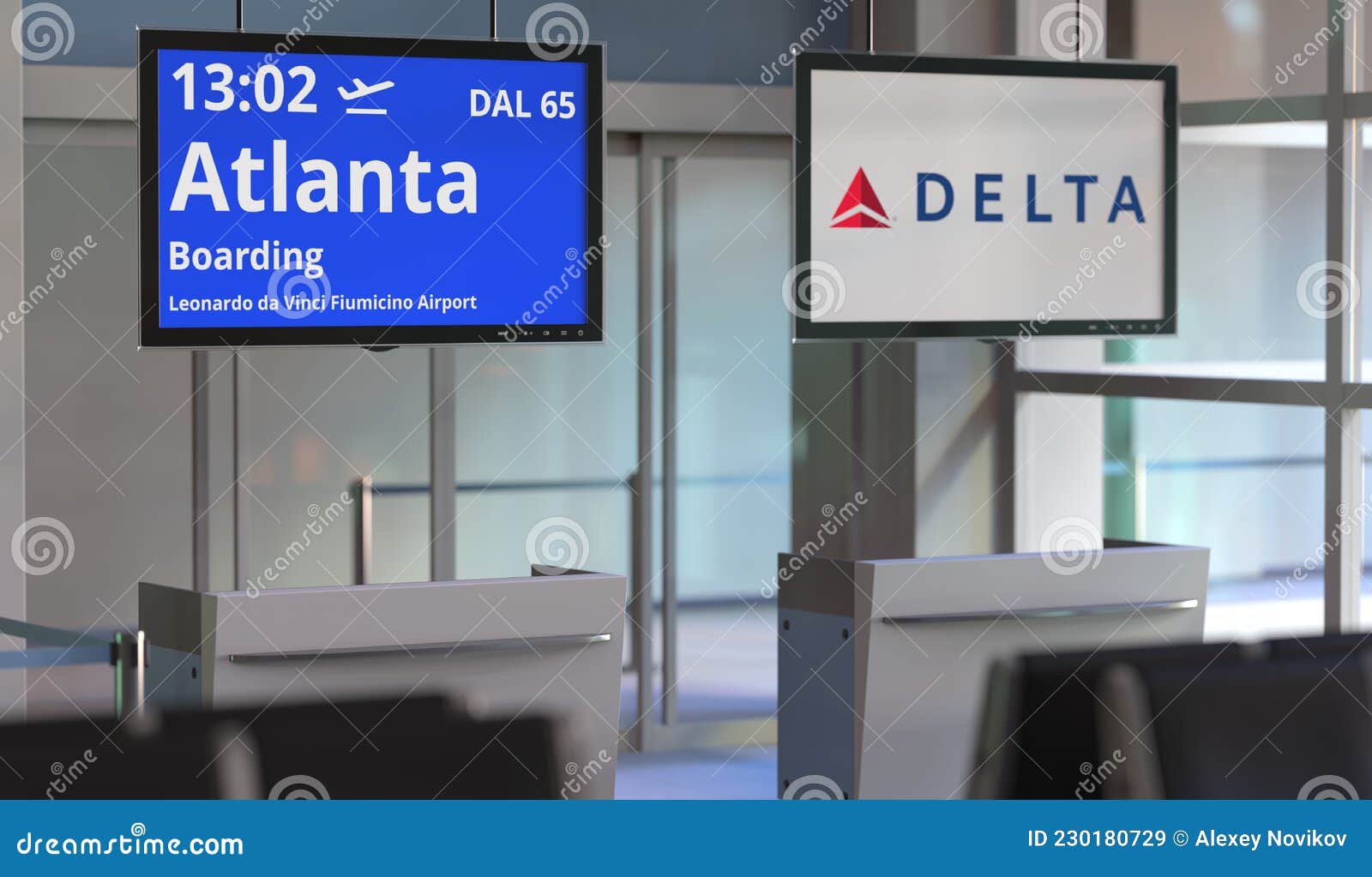 Flight from Rome To Atlanta, Airport Terminal Gate. Editorial 3d