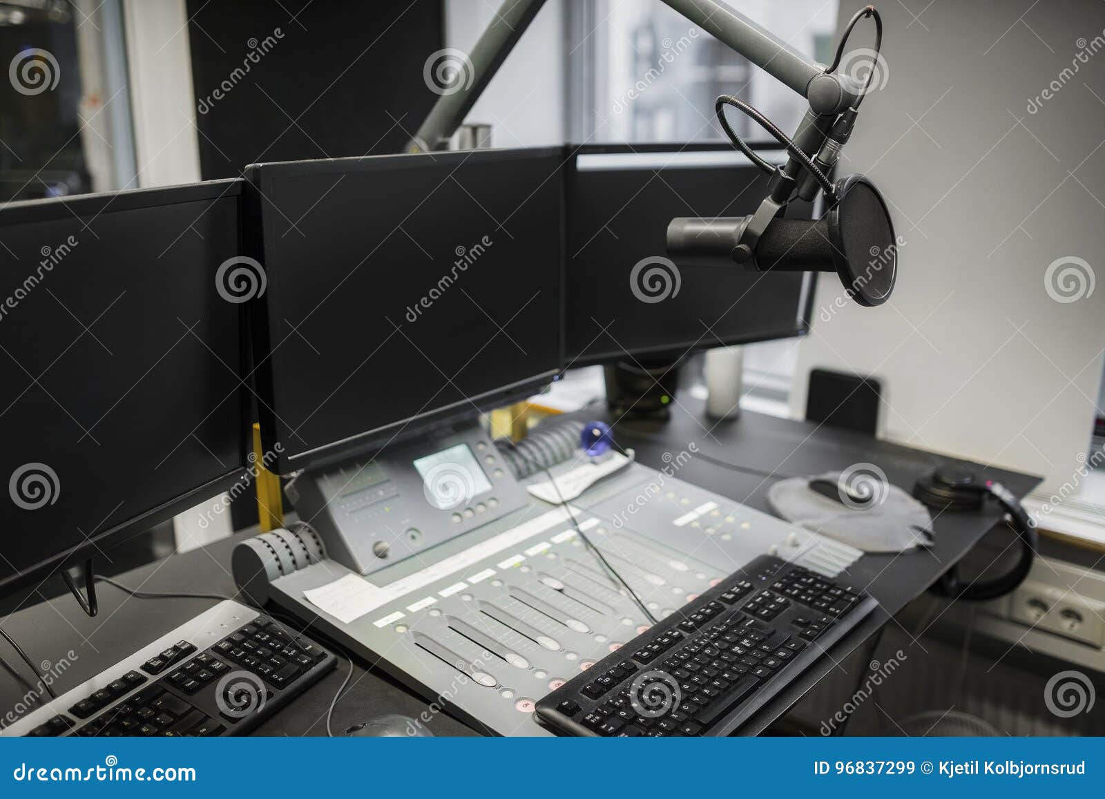 Monitors And Microphone Over Table In Radio Studio Stock Image