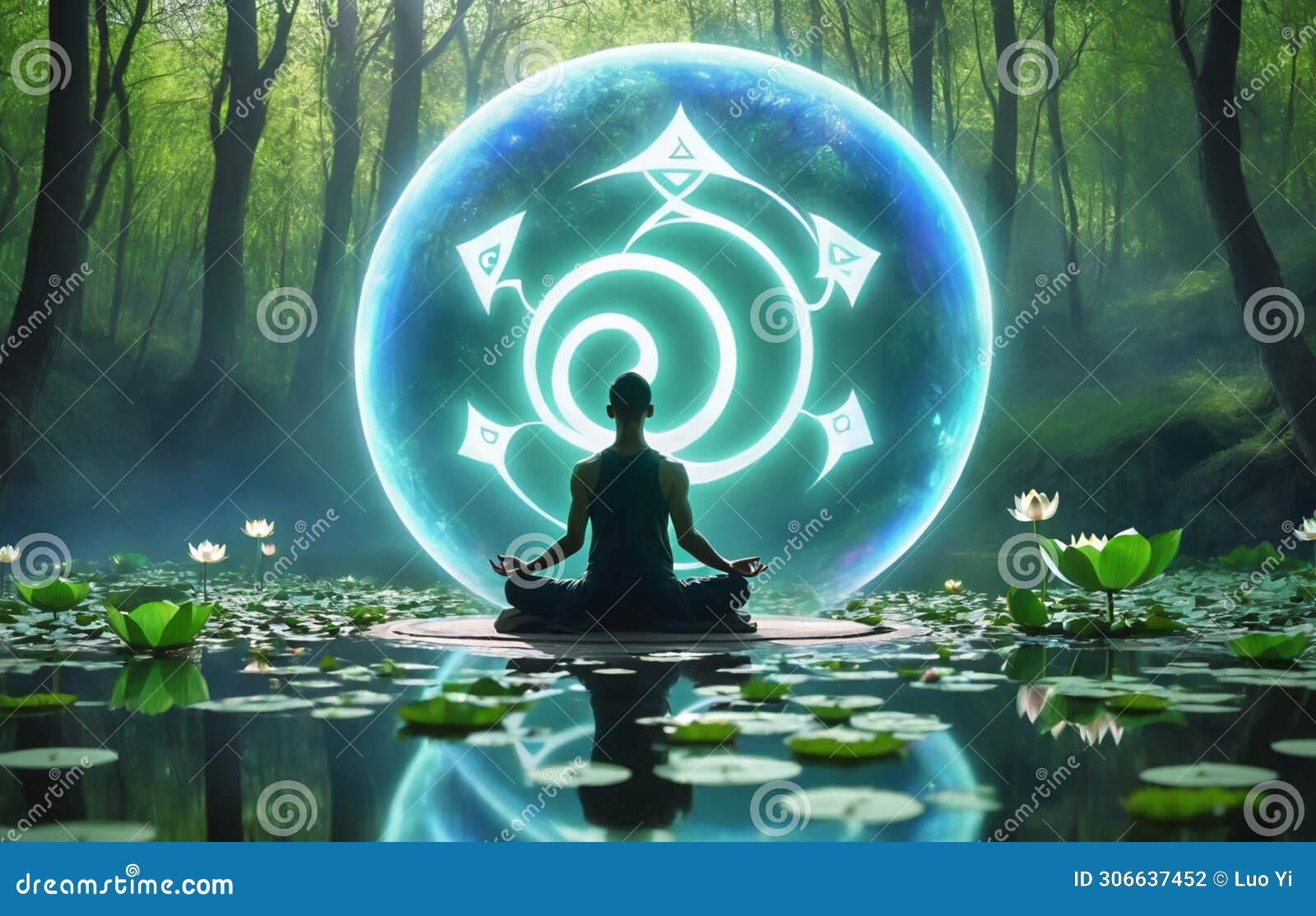 Monk in Lotus Pose Practicing Meditation in Spring Forest in Magic