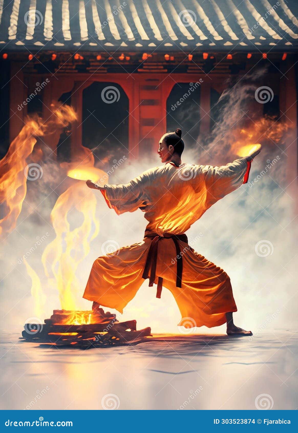 Monk Training Martial Arts with Fire Element Stock Illustration