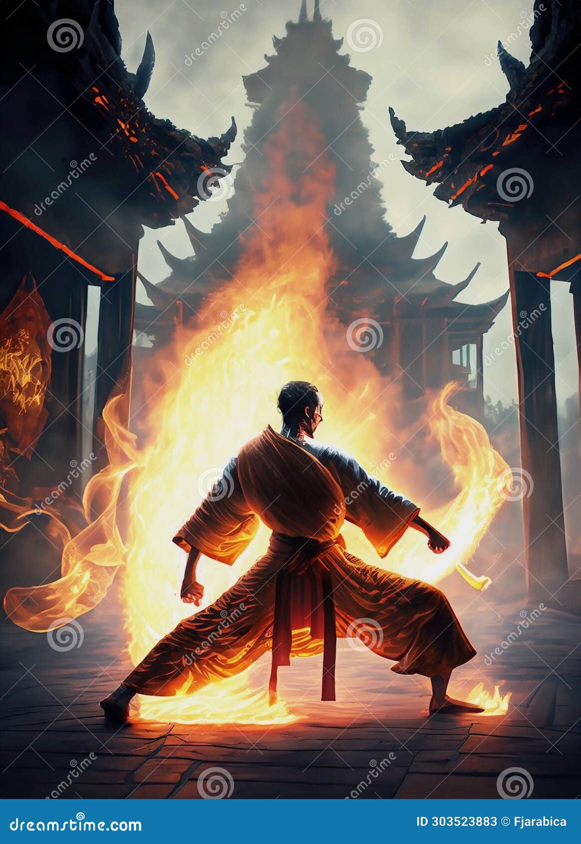 Monk Training Martial Arts with Fire Element Stock Illustration