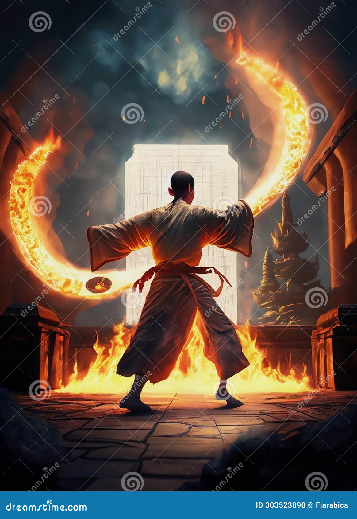 Monk Training Martial Arts with Fire Element Stock Illustration
