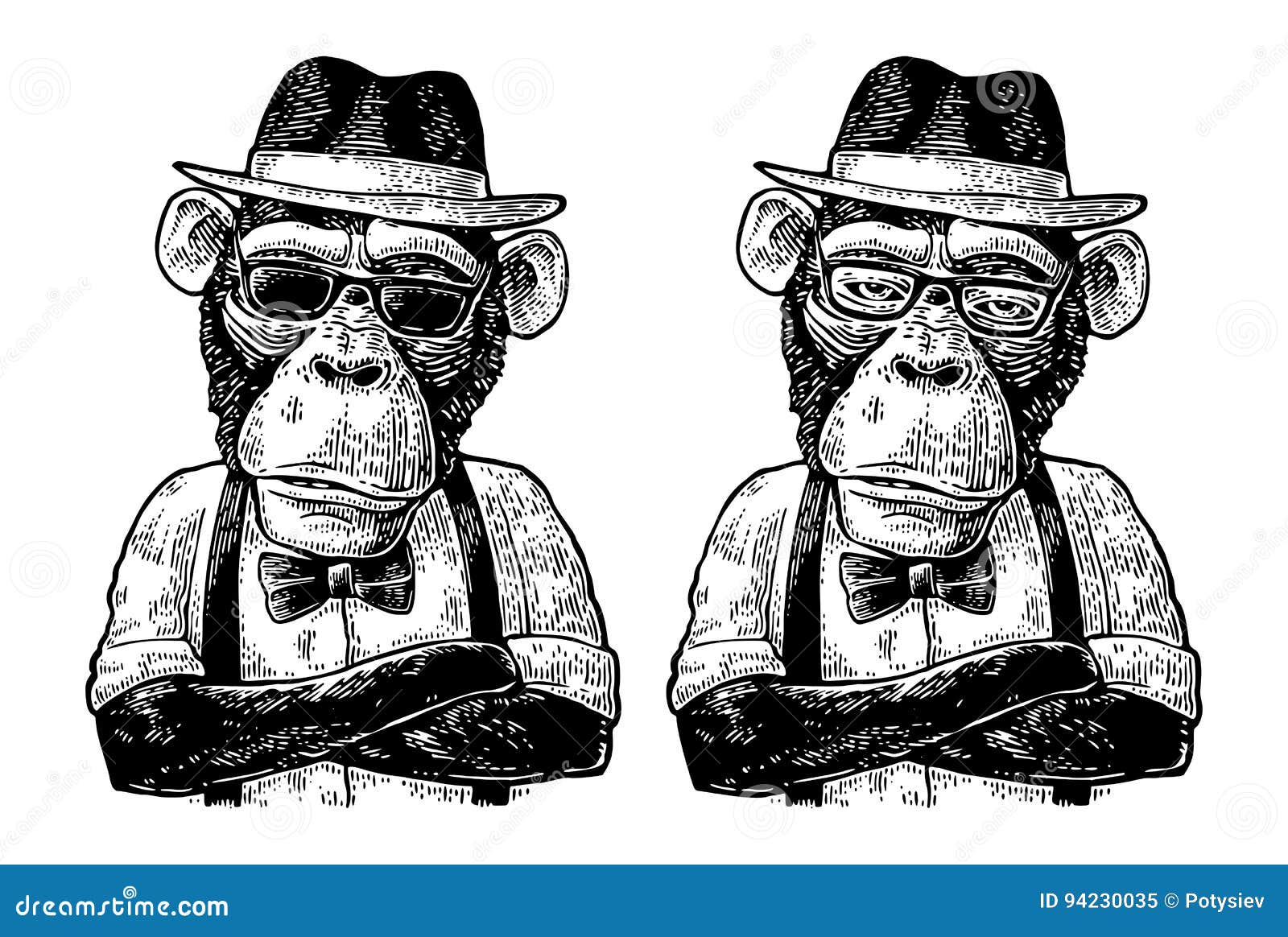 monkey hipster with arms crossedin in hat, shirt, glasses and bow tie