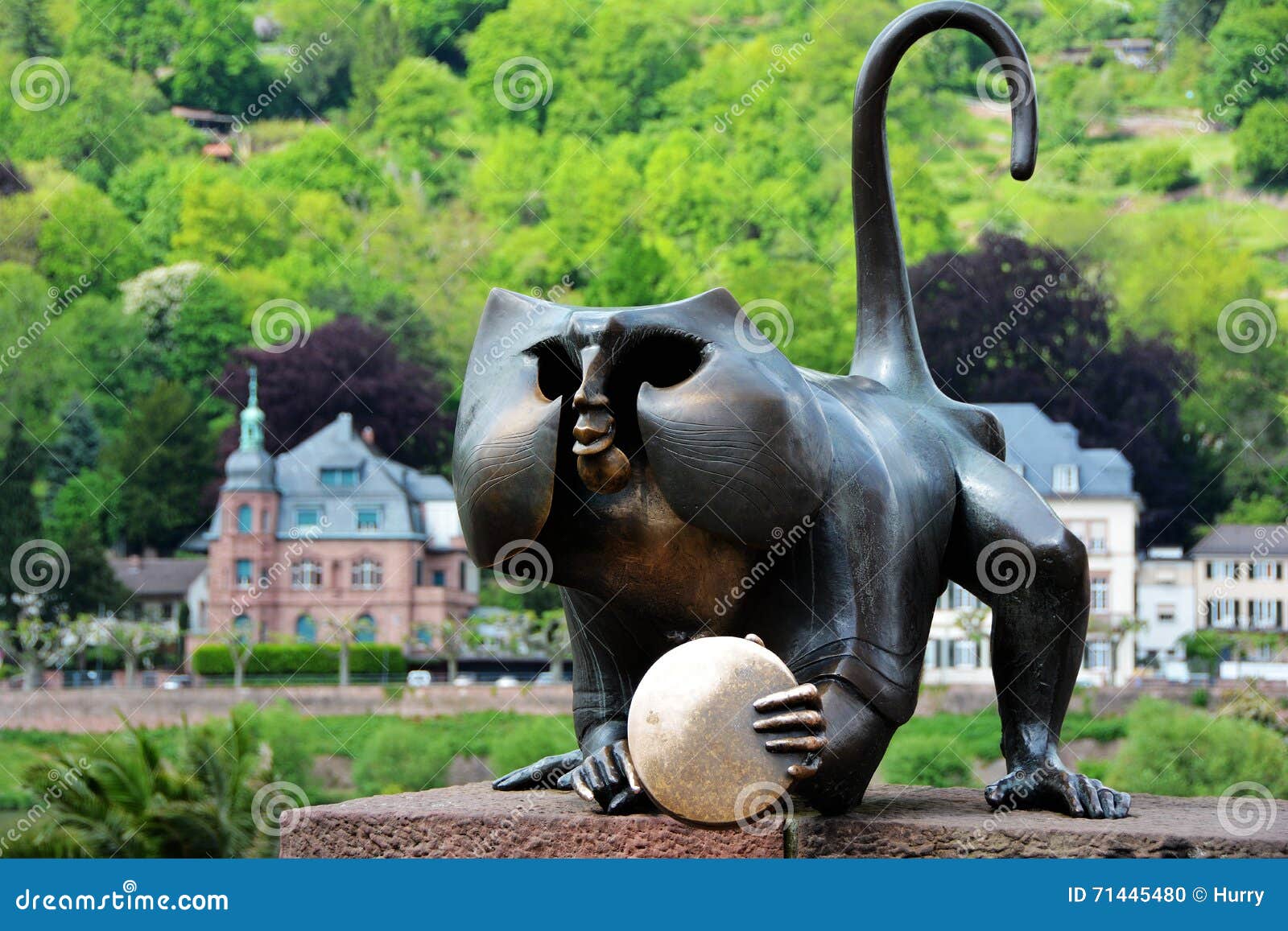 Monkey Sculpture beside the Old Bridge in Heidelberg Stock Photo