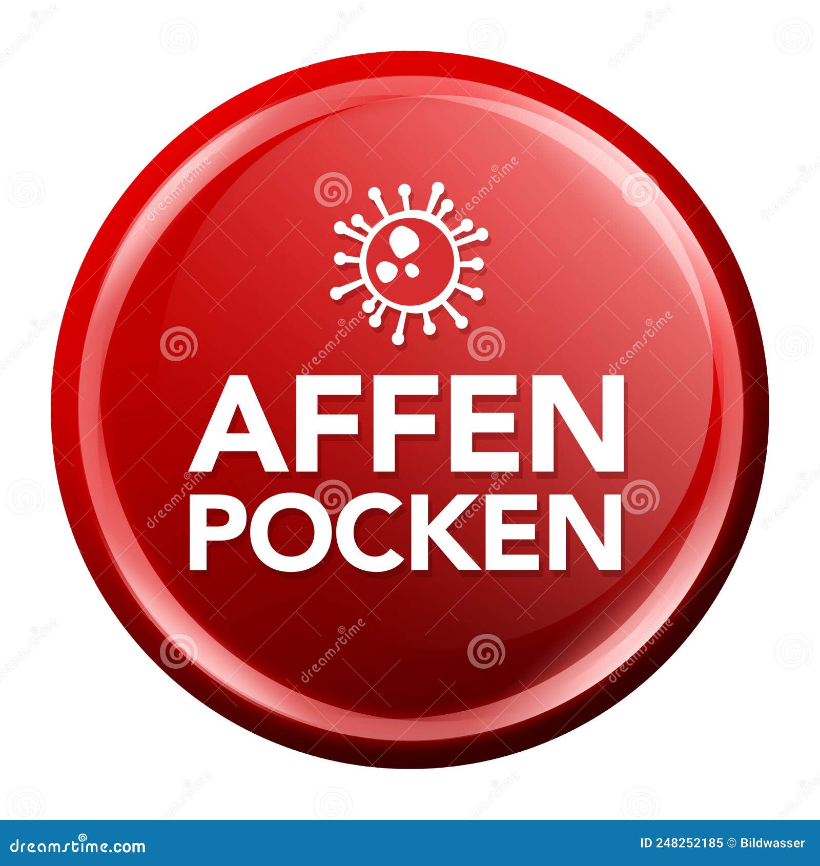 monkeypox virus button. round glossy badge. german-translation: affenpocken virus button