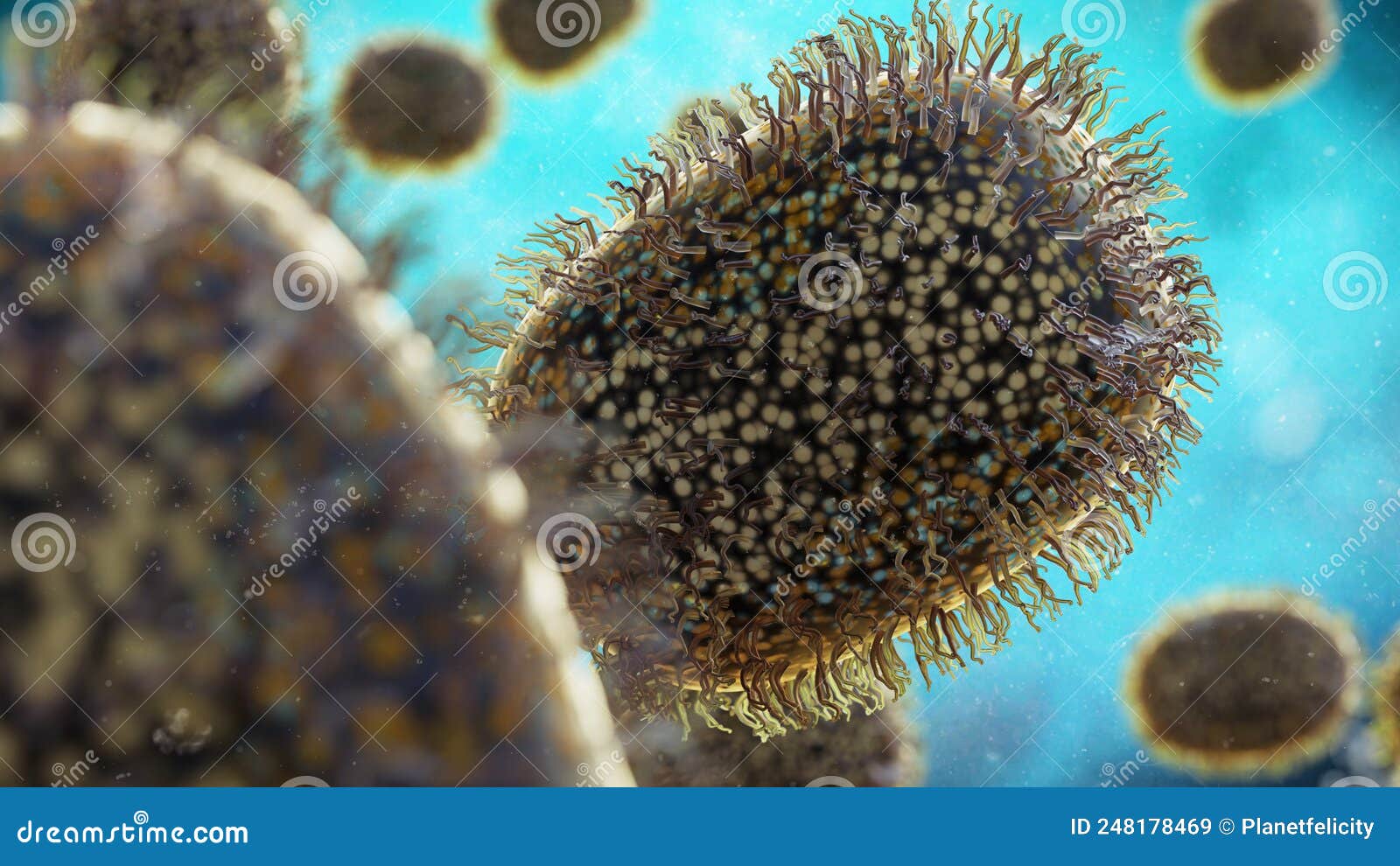 monkeypox virus, contagious microscopic pathogen closeup, infectious zoonotic disease 3d science rendering
