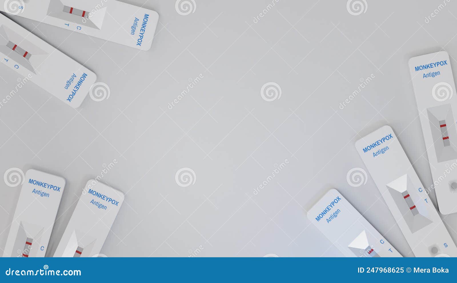 monkeypox virus rapid self tests scattered on white background.