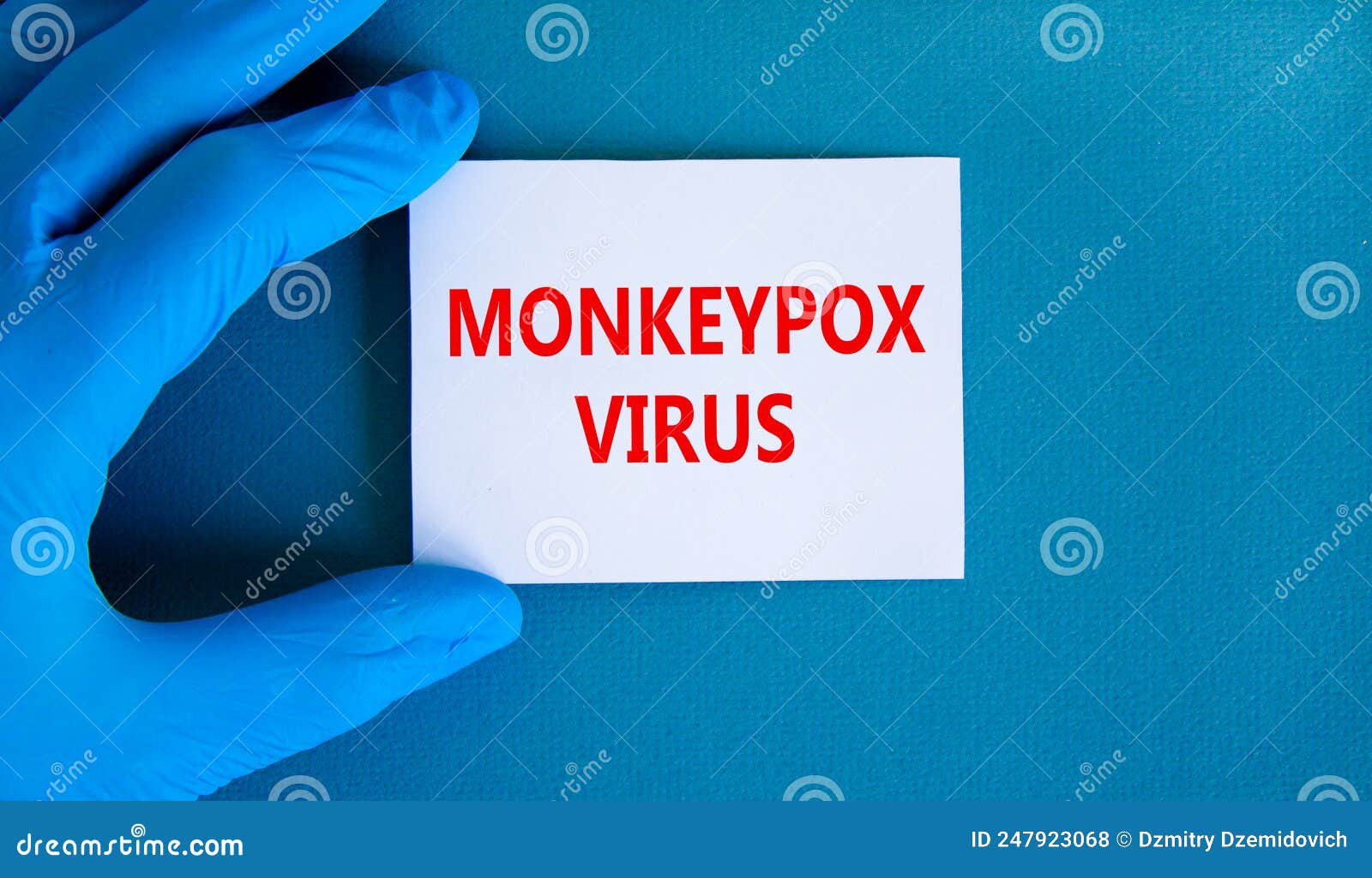 monkeypox virus . concept words monkeypox virus on white card. doctor hand in blue glove with white card. medical and