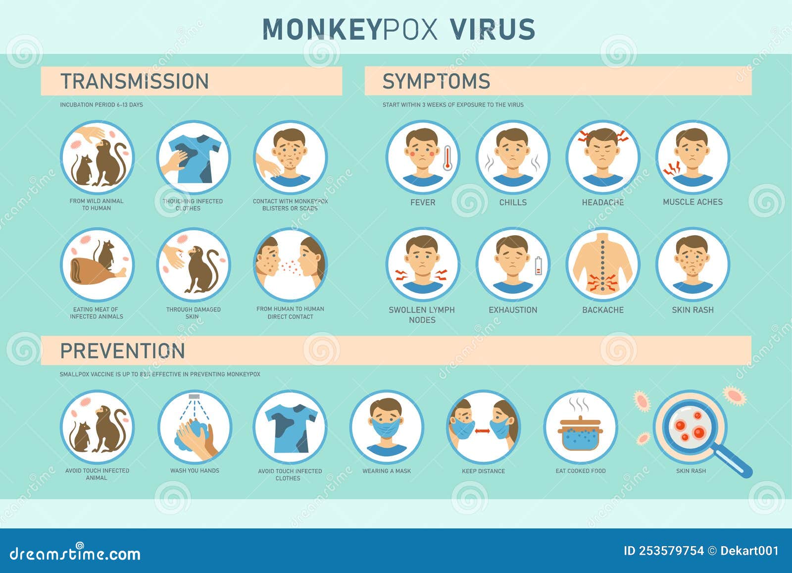 monkeypox virus transmission, symptoms and prevention infographics with icons.