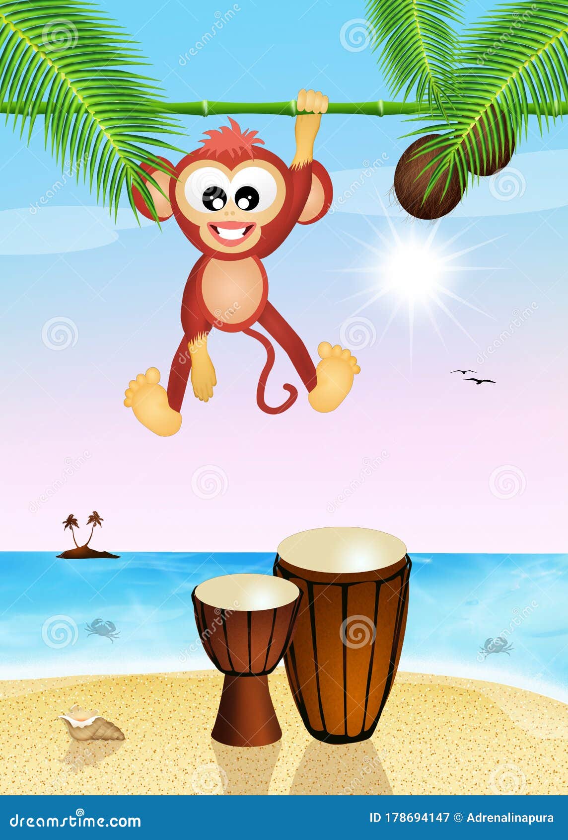 Monkeys and Bongos on the Beach Stock Illustration Illustration of