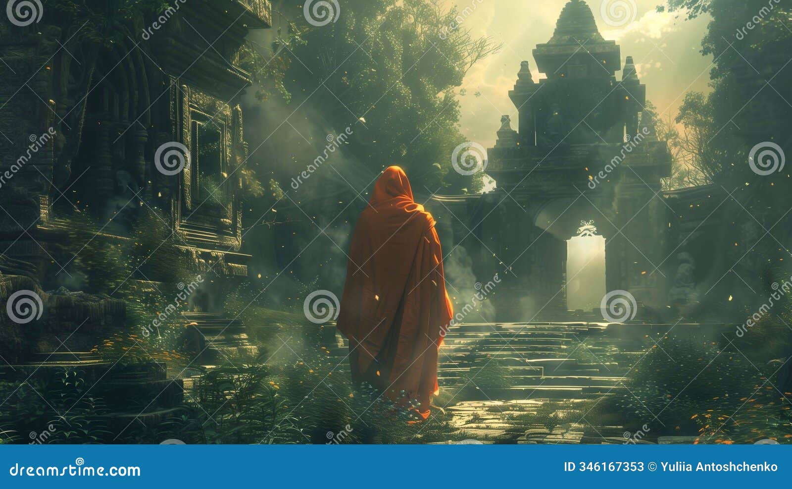 monks in orange robes stroll through serene hermitages, enveloped by mist and thriving vegetation