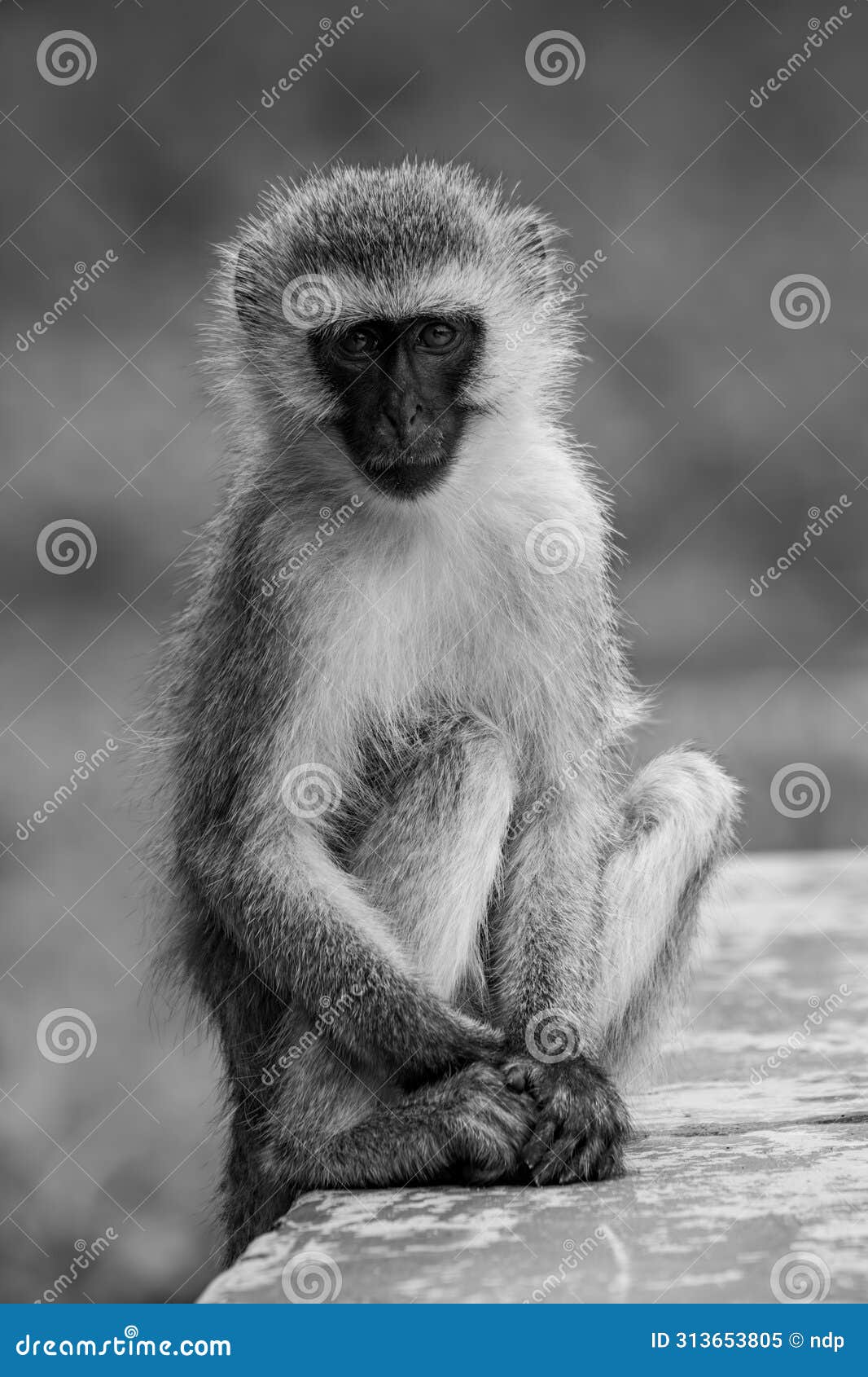 mono vervet monkey on wall facing camera