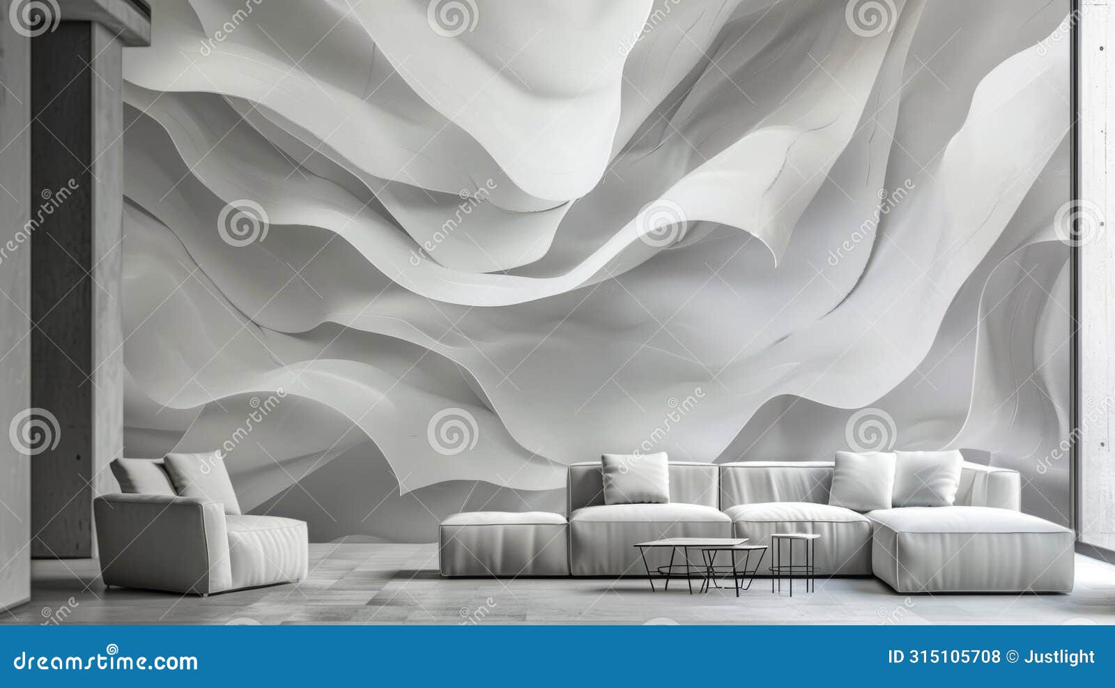 a monochromatic interior is brought to life with an abstract threedimensional wall mural. the mural depicts overlapping