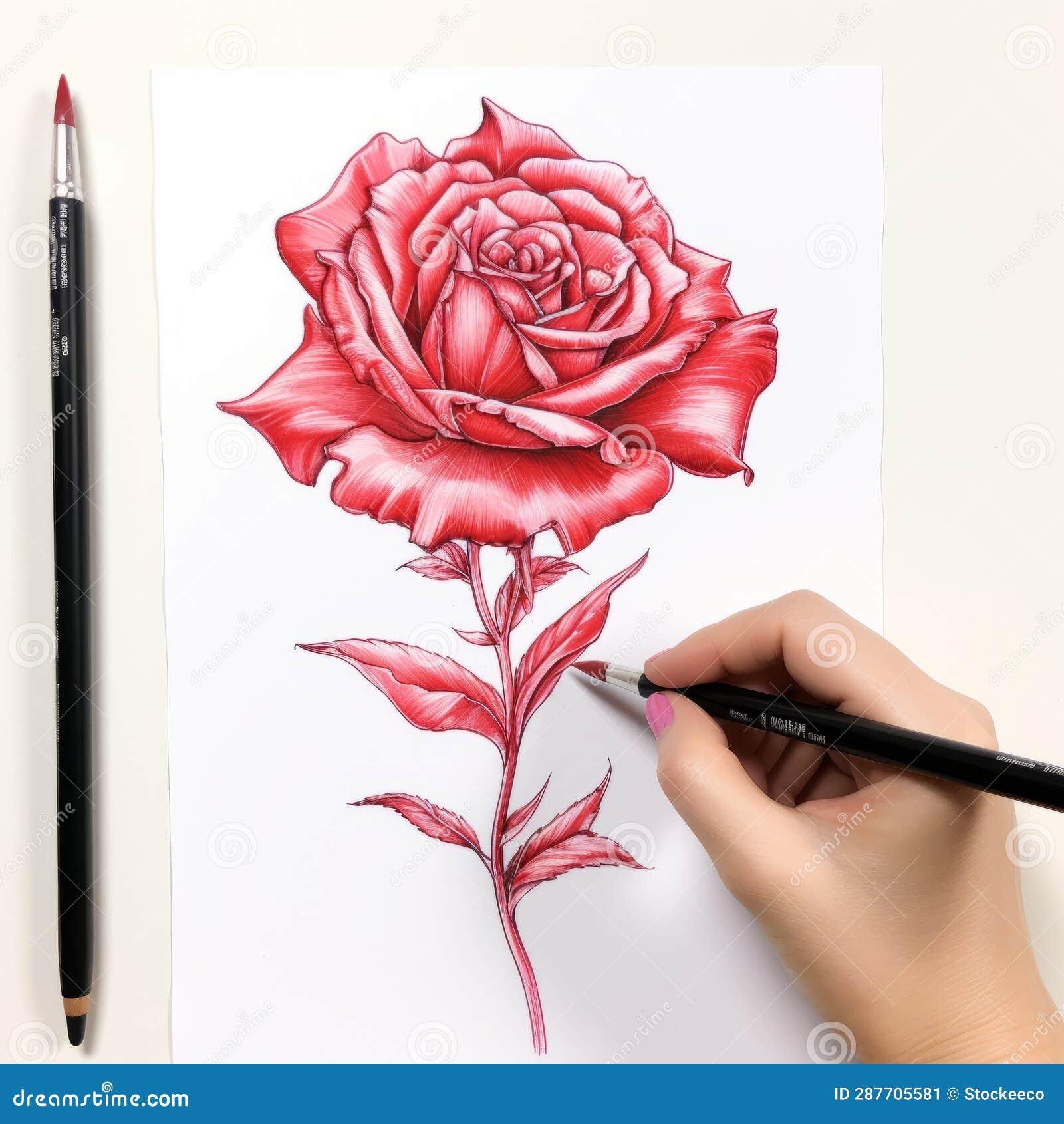 monochromatic red rose drawing with colored pencils