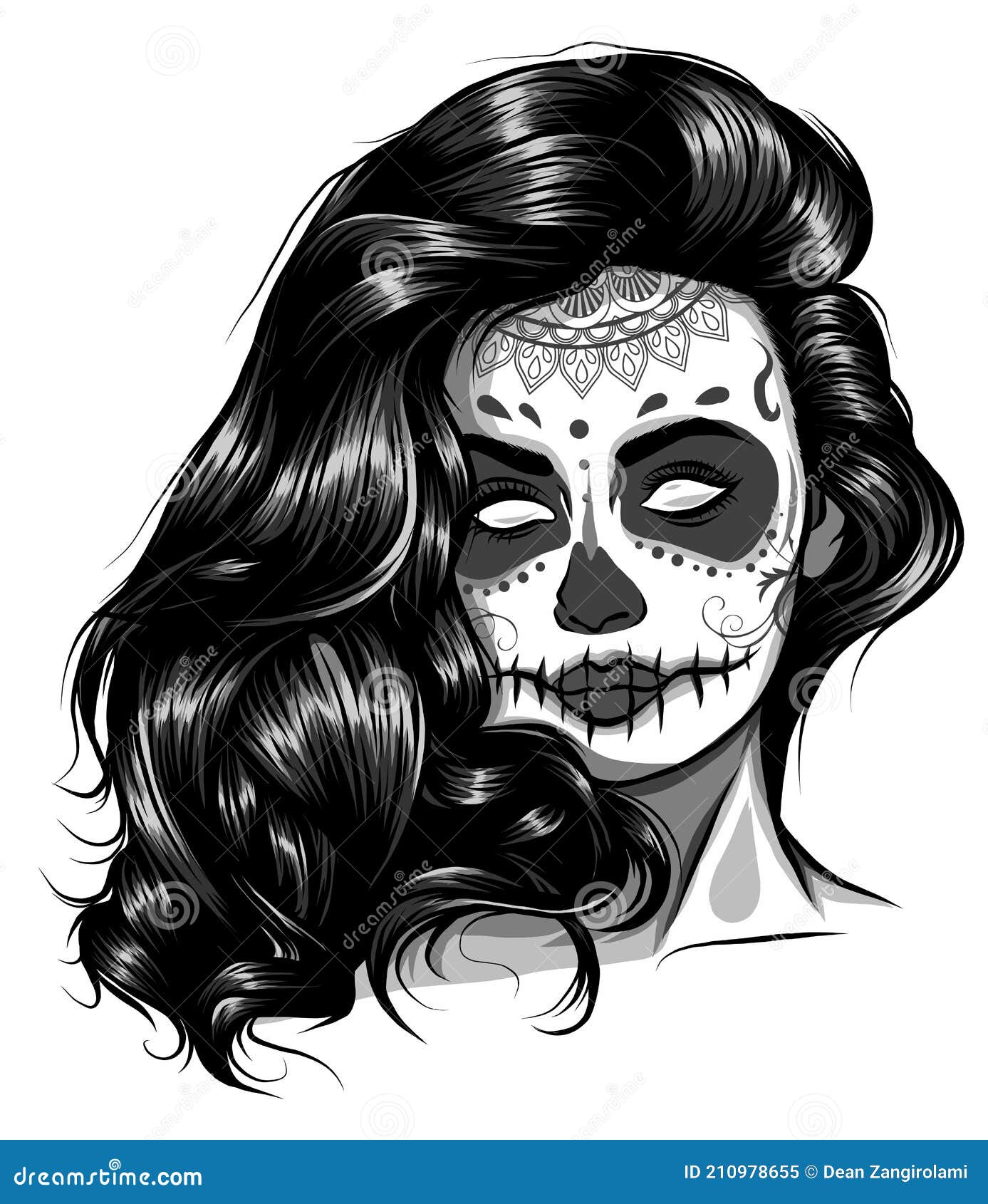 Monochromatic Vector Black and White Skull Candy Girl Illustration ...