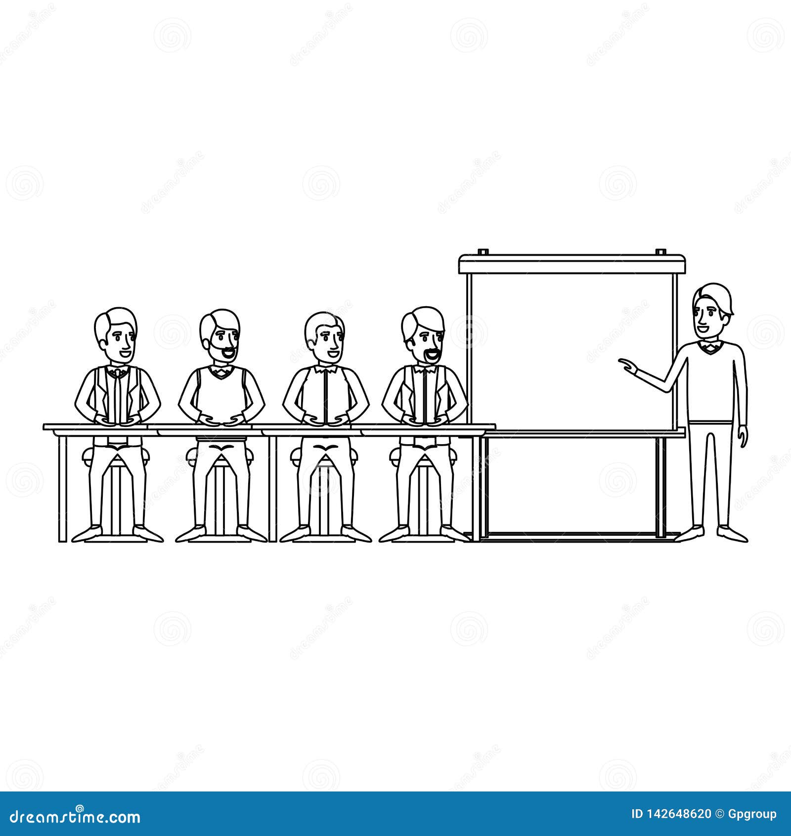 monochrome background with men group sitting in a desk for executive male in presentacion business people