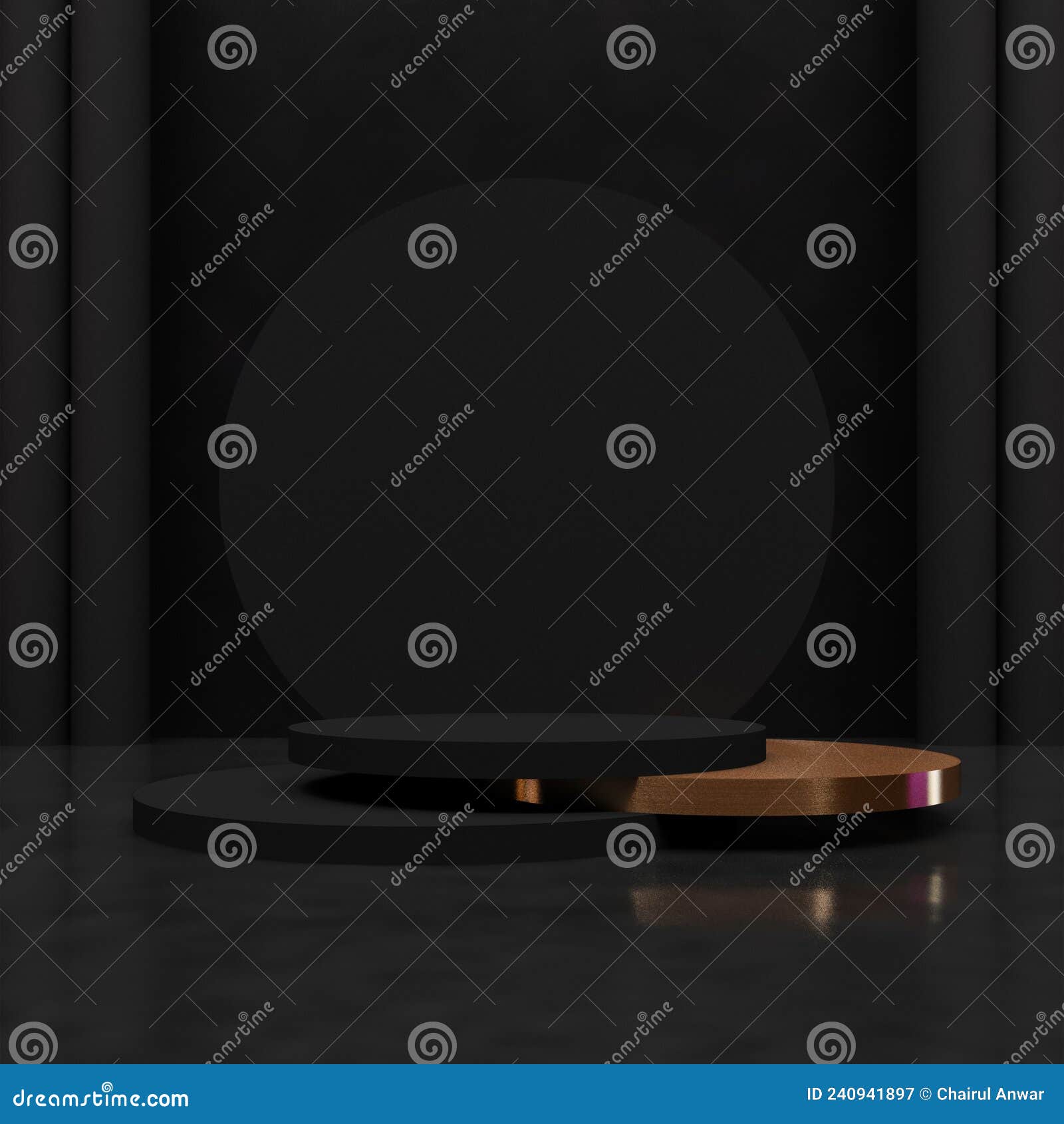 monochrome black podium background for displaying fashion, electronics, aesthetics, cosmetics products in monochrome and gold