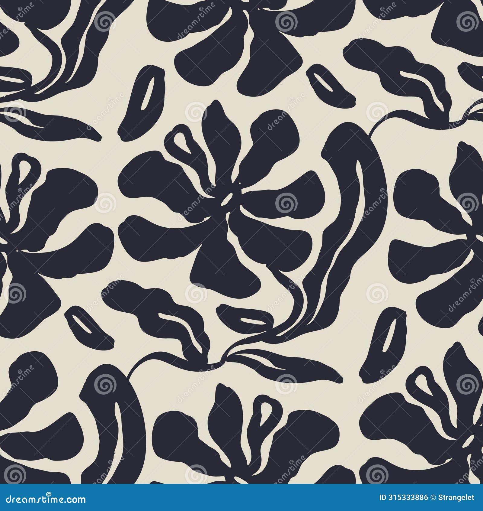 monochrome black and white brush strokes inky flowers seamless pattern