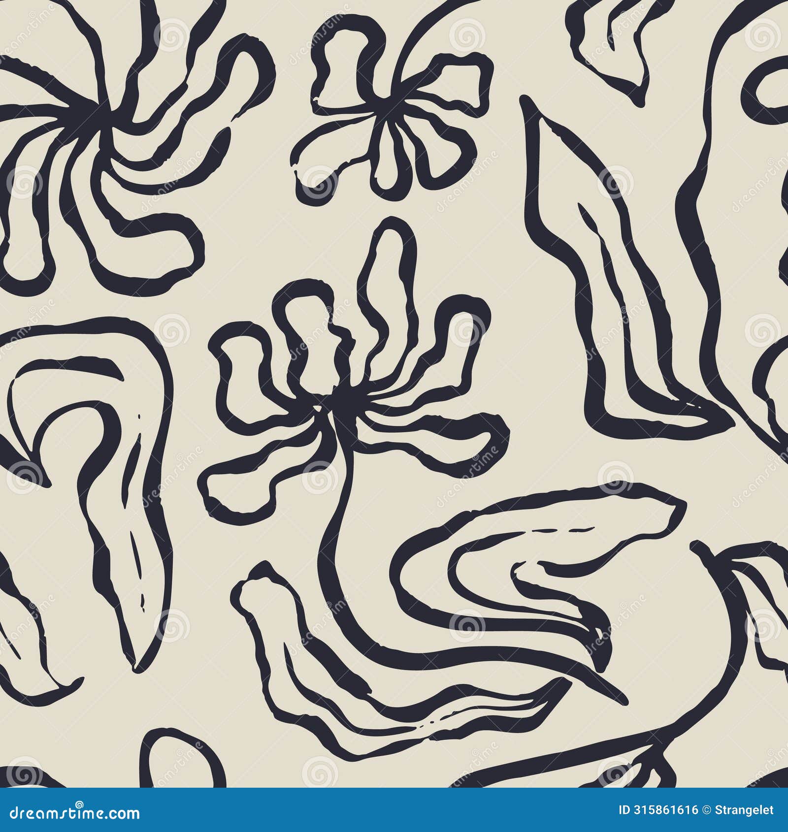 monochrome black and white brush strokes inky flowers seamless pattern