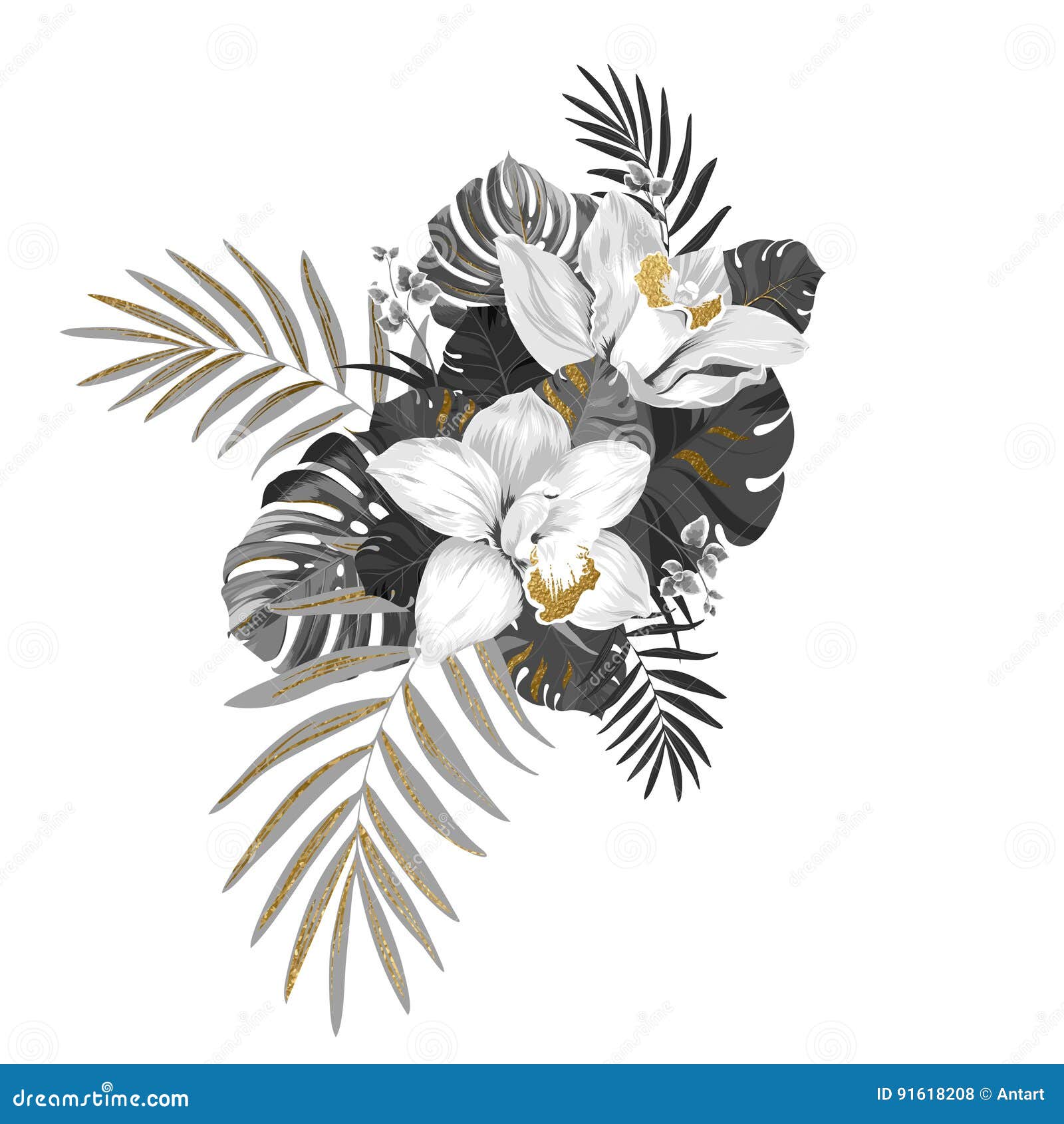 monochrome composition with exotic plants. two orchids, leaves of monstera and palm decorated by gold texture s.