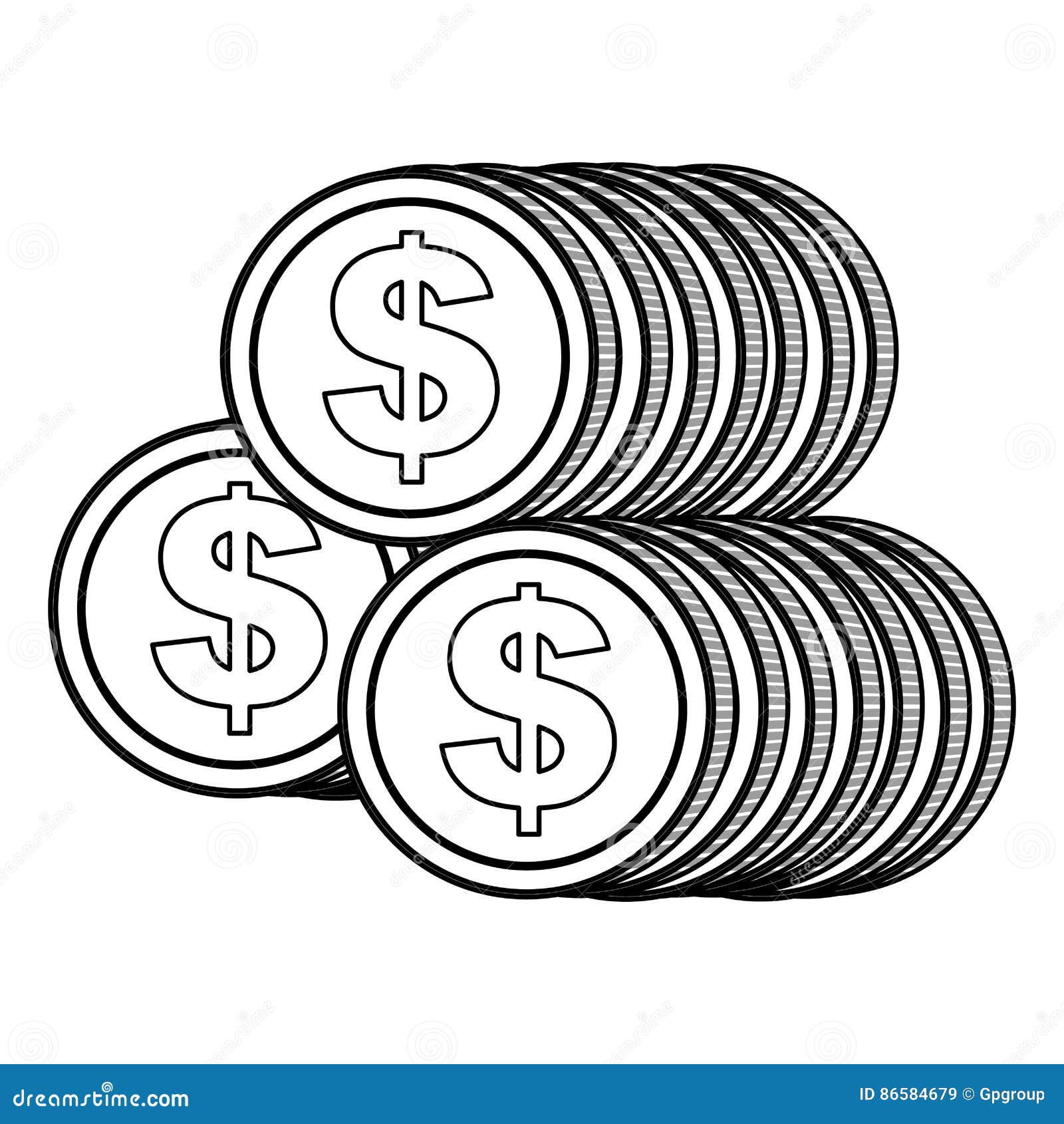 Monochrome Contour with Coins Stack in Front View Stock Illustration ...