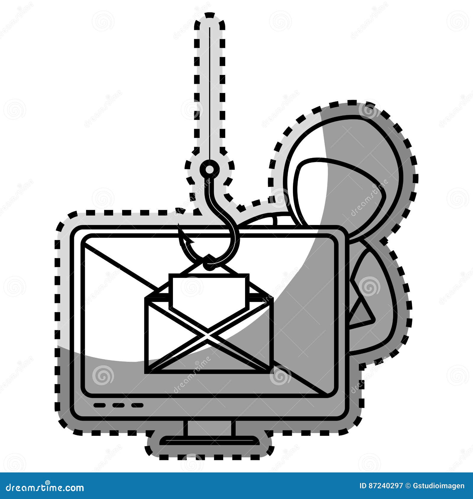 Monochrome Contour Sticker with Hacker Stealing Mail Information Stock 