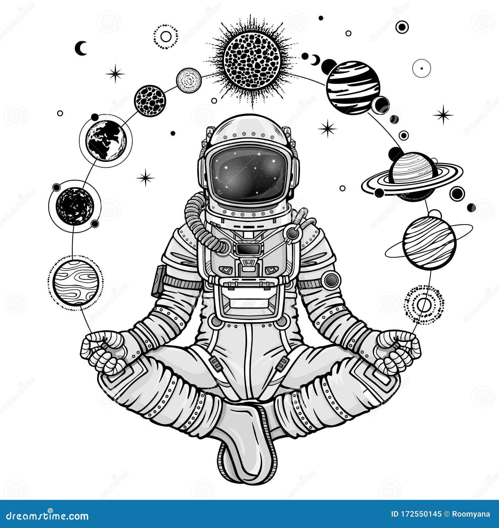 monochrome drawing: animation astronaut in a space suit holds planets of the solar system.