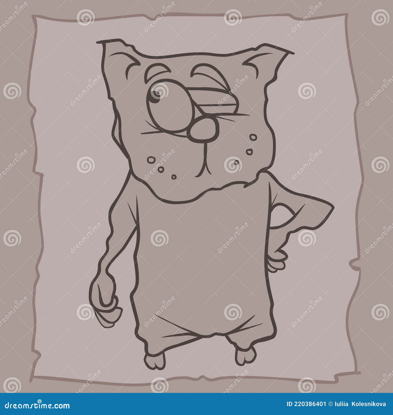 Monochrome Drawing of a Cartoon Cat Squinting at One Eye Stock Vector