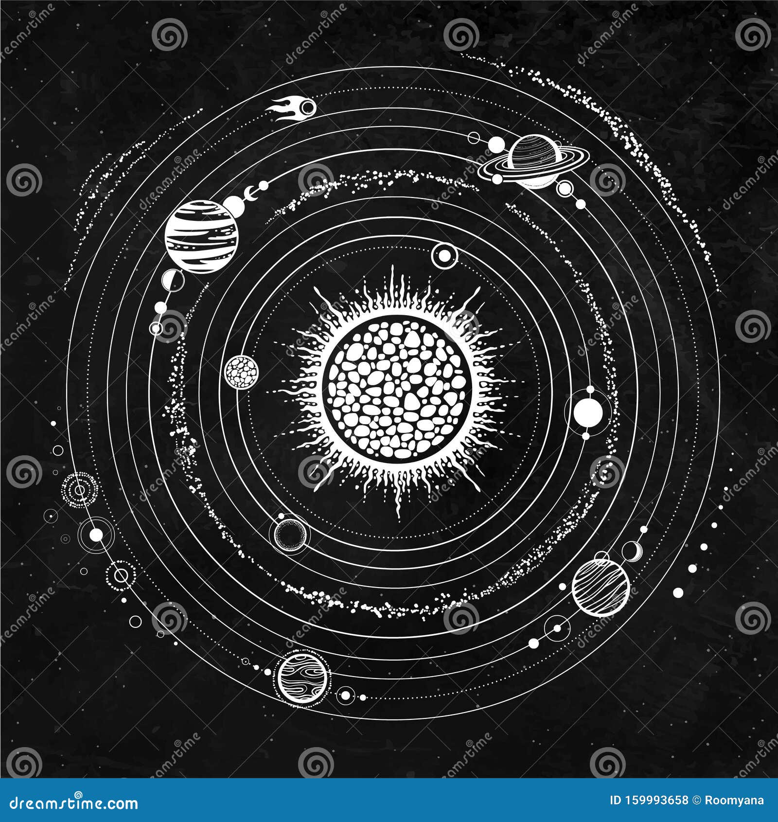 Monochrome Drawing: Stylized Solar System, Orbits, Planets, Space