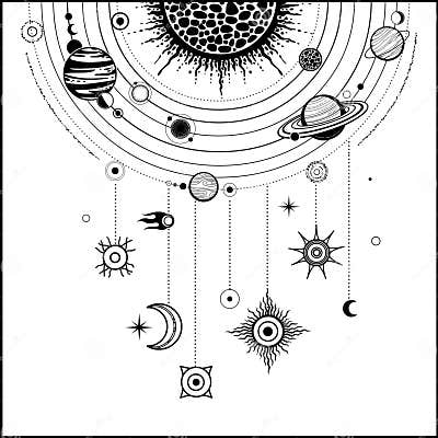 Monochrome Drawing: Stylized Solar System, Orbits, Planets, Space ...