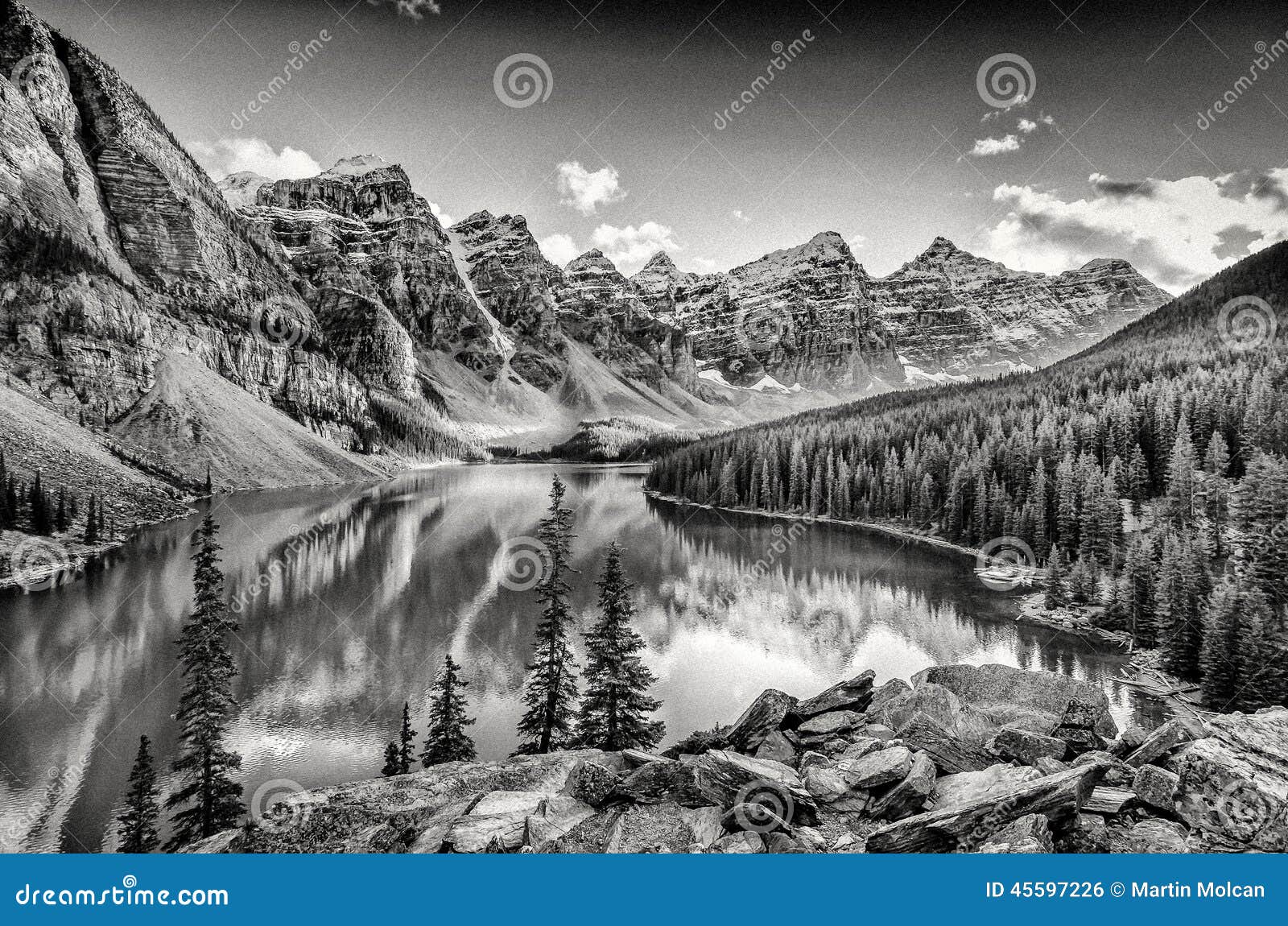 monochrome filtered scenic view of moraine lake, rocky mountains