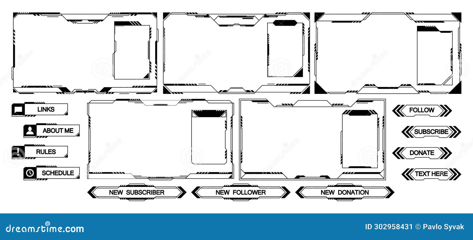 Monochrome Game Stream Panels. Twitch Streaming Overlay Frames for