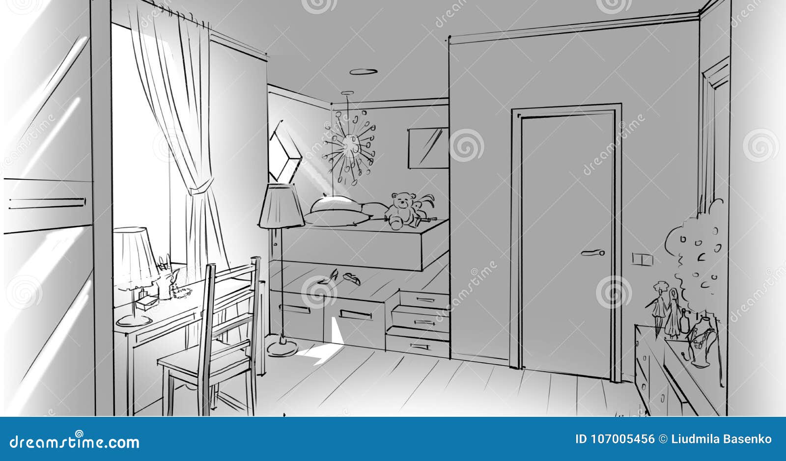 Monochrome Girl`s Bedroom Interior Stock Illustration Illustration Of