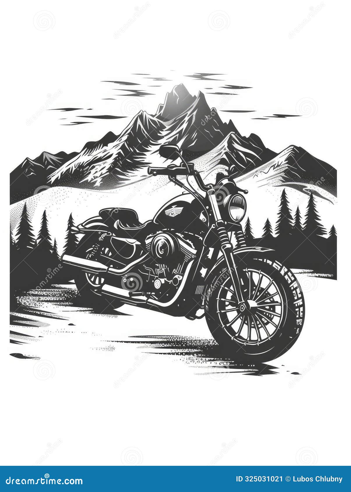 monochrome graphic of a classic motorcycle in front of a mountain range, representing freedom and adventure